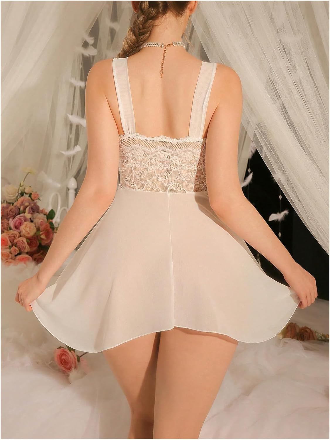 OYOANGLE Women's Floral Lace Mesh Sheer Lingerie Dress Sleeveless Bow Babydoll Chemise Nightwear - Image 3