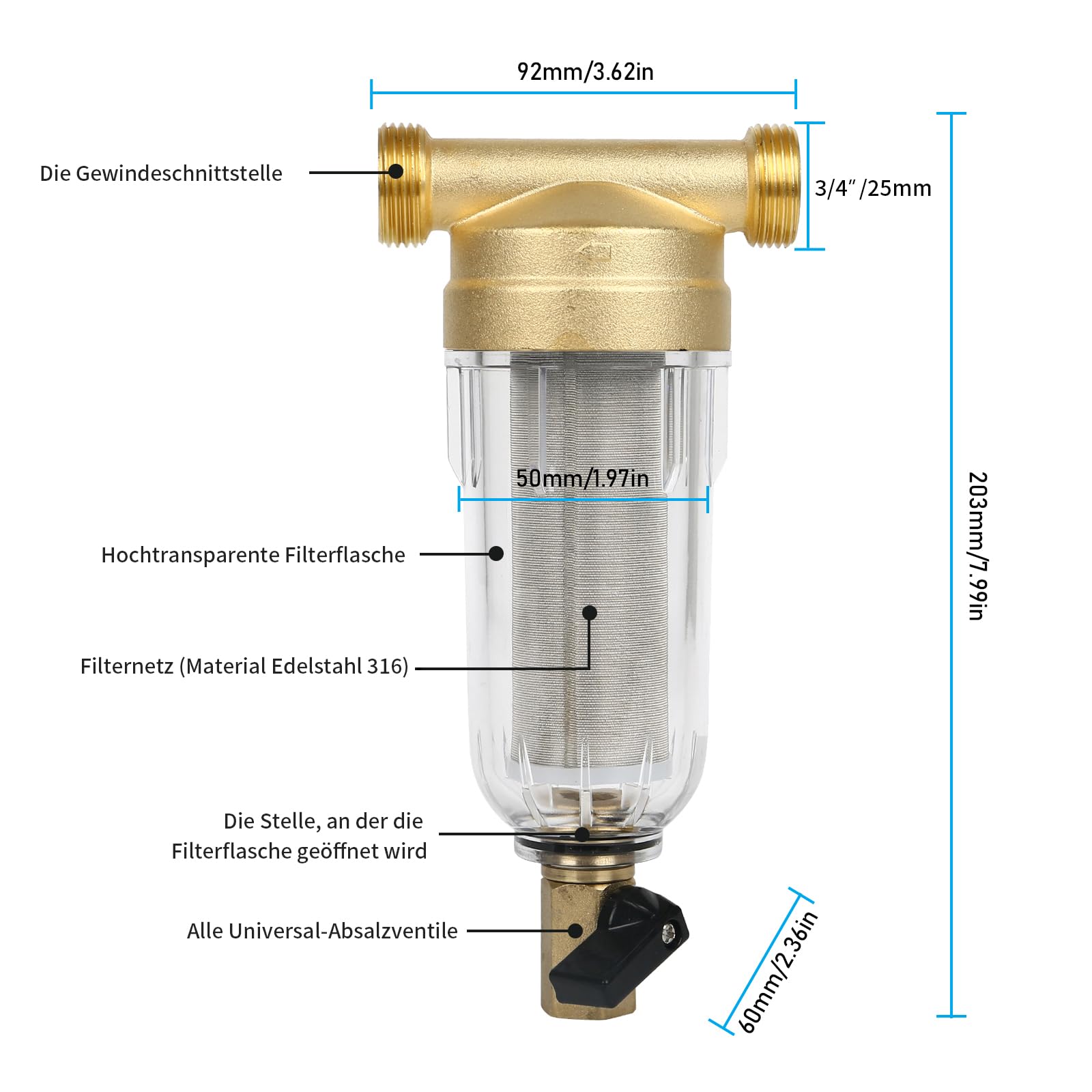 Filtro per acqua di risciacquo 100 micron - Riutilizzabile - Spin-Down - Pre-filtro per tubo dell'acqua del pozzo - Filtro per sedimenti (G 3/4")