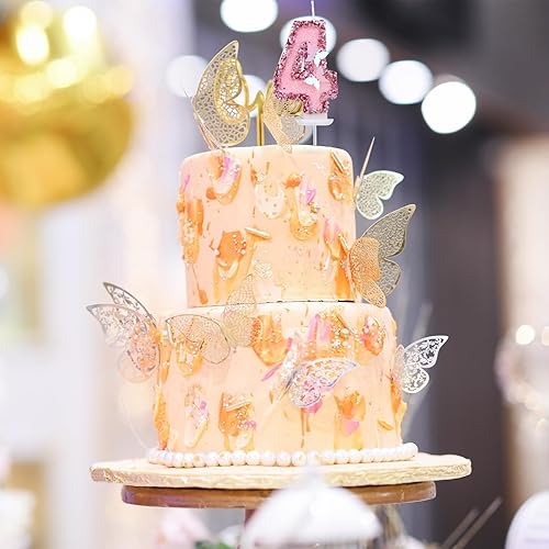 Miniatura 6 de Velas de números de cumpleaños de 2.7 pulgadas, velas de números rosas para decoración de pastel, velas de cumpleaños de mariposa con lentejuelas y
