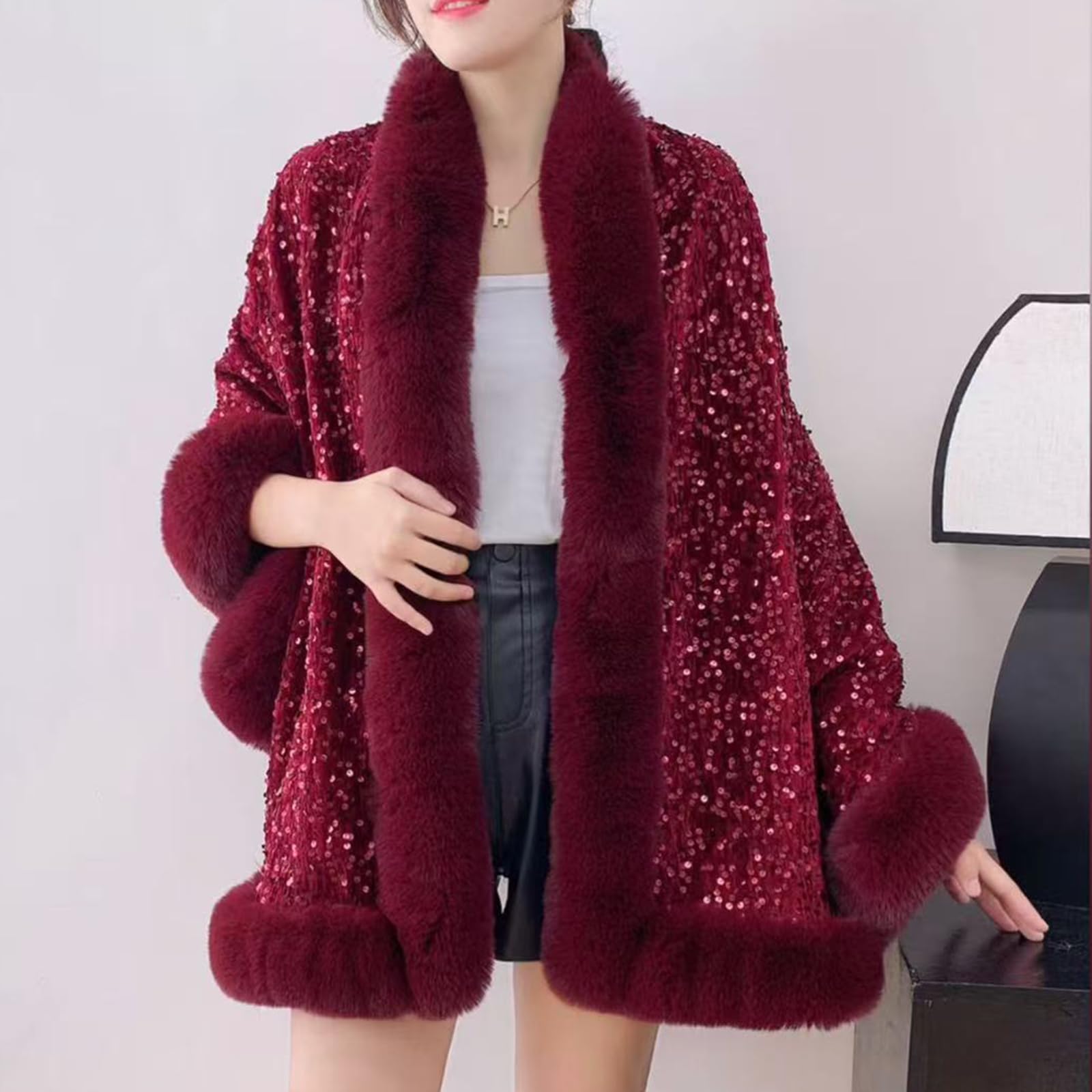 Châle en fausse fourrure à paillettes pour femme, élégante cape poncho ouverte sur le devant, châles et étoles pour robes de soirée