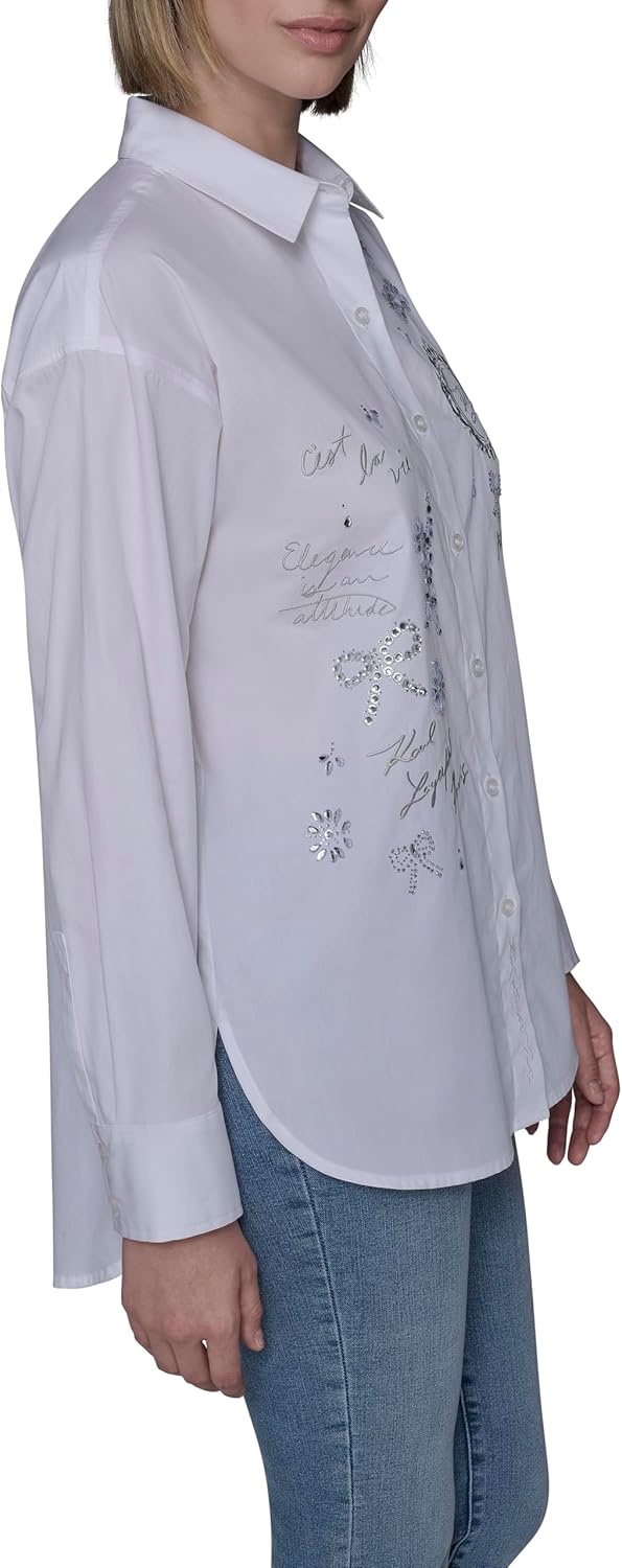 Karl Lagerfeld Womens Long Sleeve Collared Neck Whimsy Oversized Button Down - Image 3