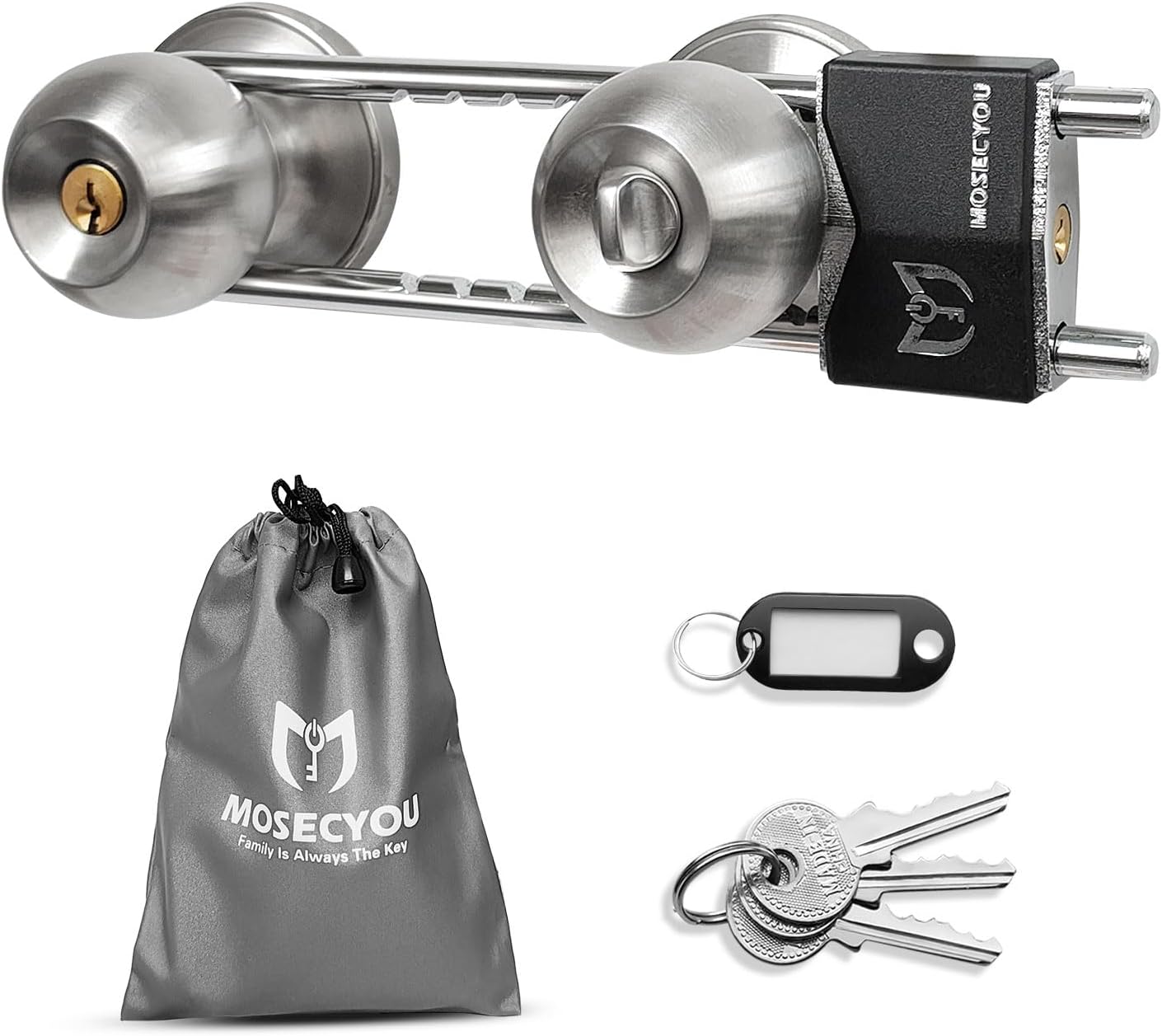 French Door Lock, Double Door Security Barricade, Keyed Extra Door Lock for Doors with Double Handles/Knobs/Levers, All Metal Construction Device U-Shaped Bar Prevent Kick Ins