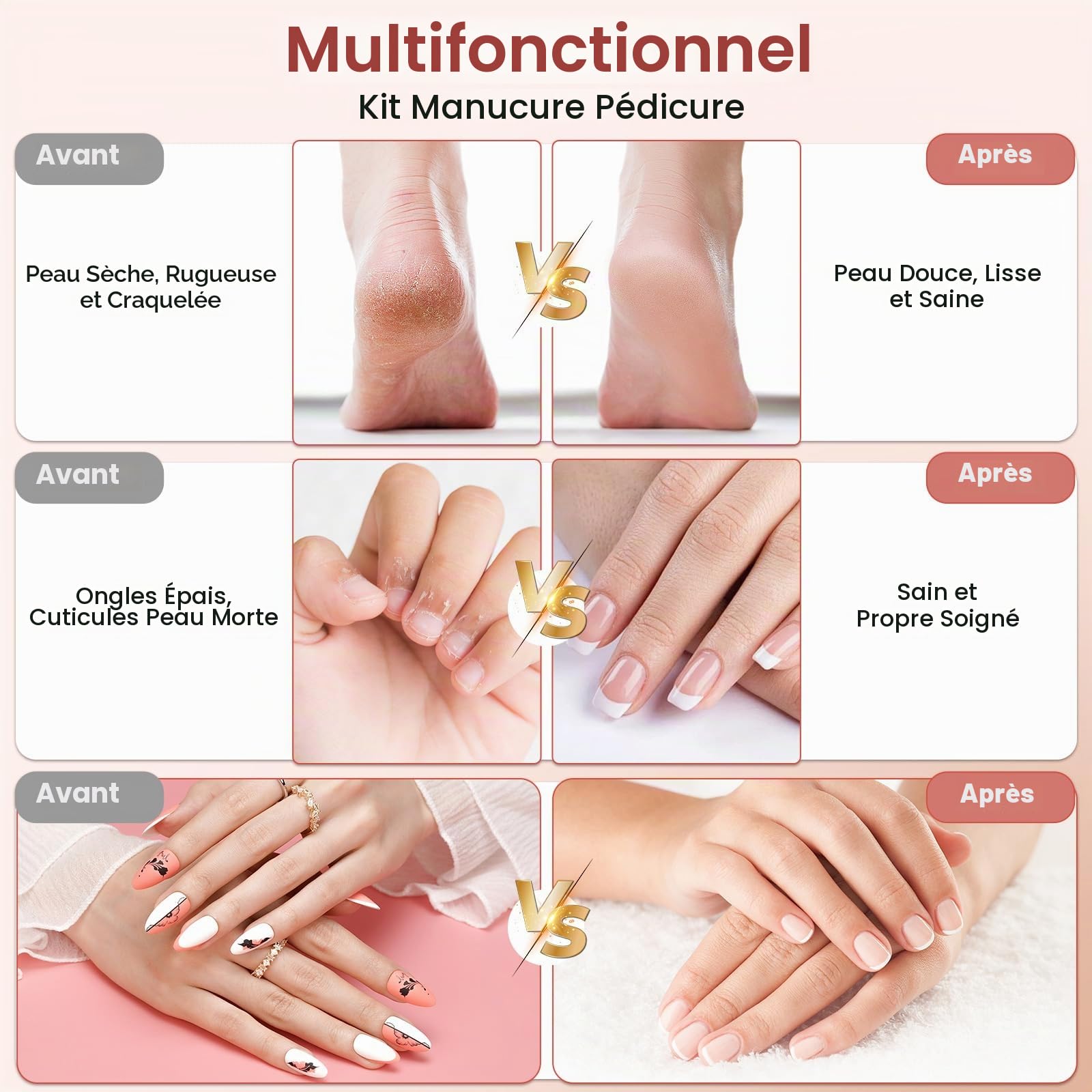 Set de manucure/pédicure, Kit Manucure Pedicure Sans Fil, Ponceuse pour Ongles Professionnel avec Batterie, Kit de Soin des Ongles électrique avec 6 Embouts, Lumière LED, Lime a Ongle Electrique