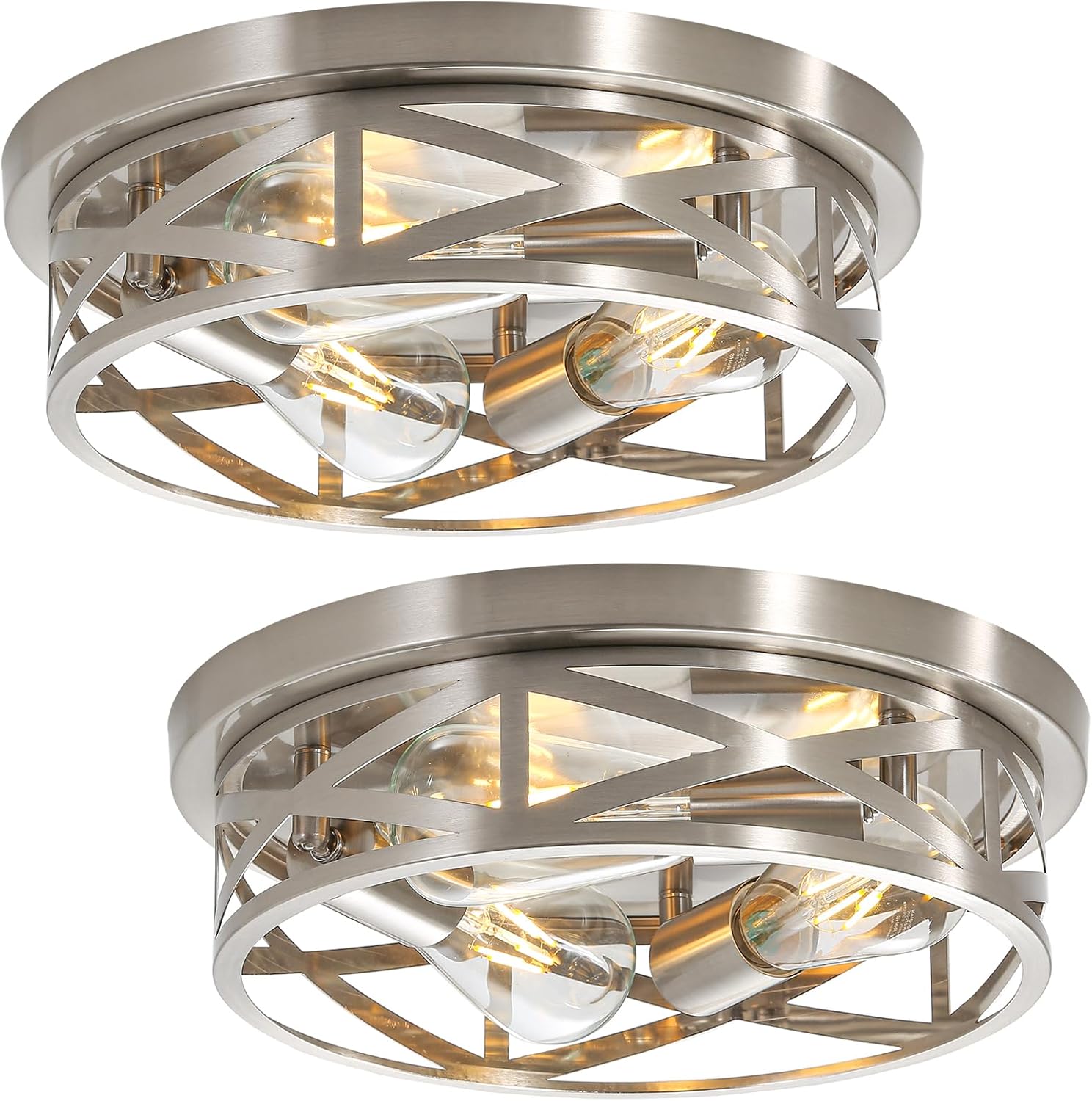 2 Pack Close to Ceiling Light Fixtures, 3-Lights Brushed Nickel Flush Mount Ceiling Light, 13 Inch Indoor Metal Cage Semi Flush Mount Ceiling Light for House Bedroom Laundry Hallway Kitchen 2-PACK Brushed Nickel