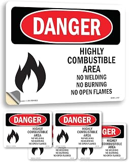 Highly Combustible Area No Welding Burning OSHA Danger Vinyl Decal Label 14 Inch x 10 Inch - 5 Pack