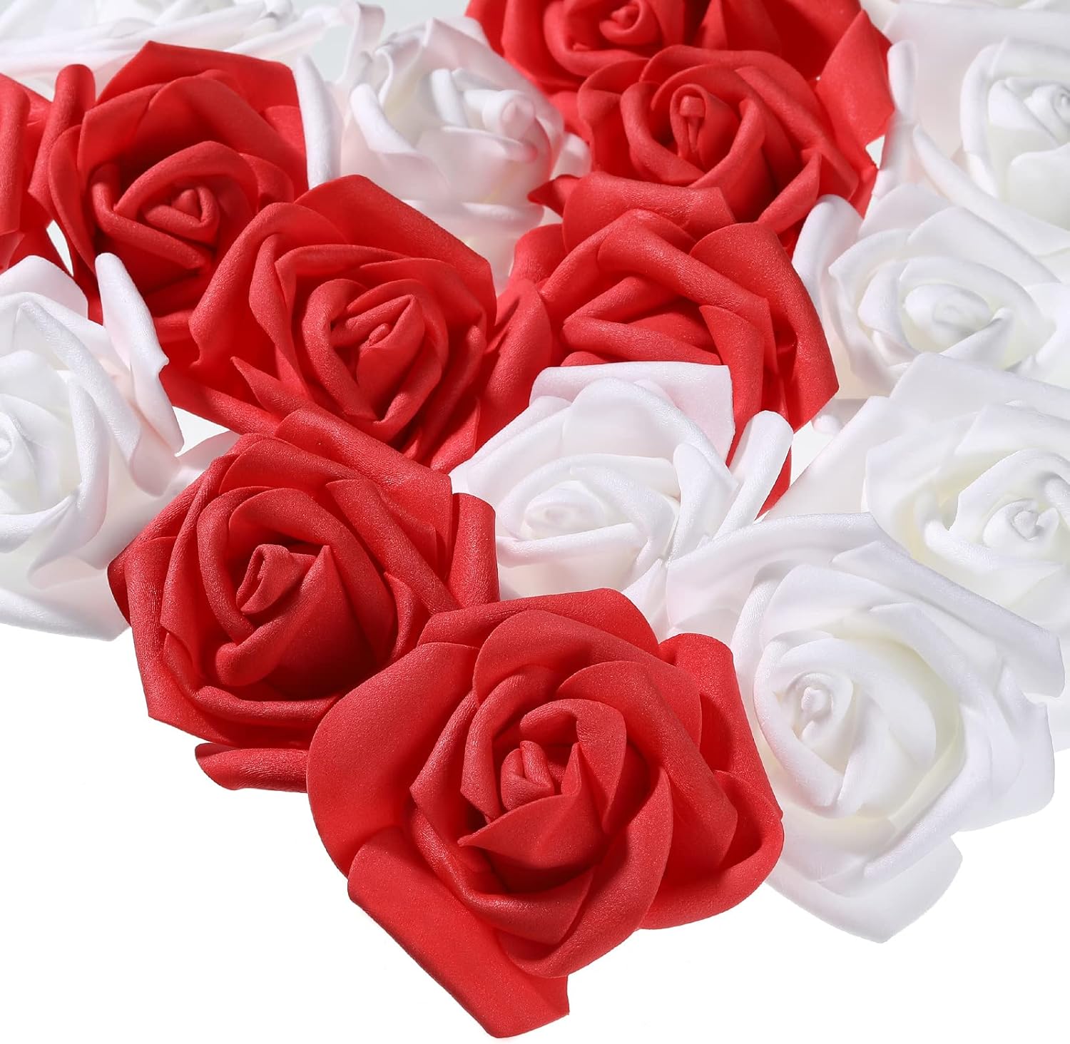 Chuangdi 140 Pack Artificial Roses Flowers Bulk, 1.25 x 3 Inch Foam Flowers Heads for Rose Wall Backdrops Decoration, Wedding Centerpieces, Bouquets DIY Crafts, Bridal Shower(Red, White)