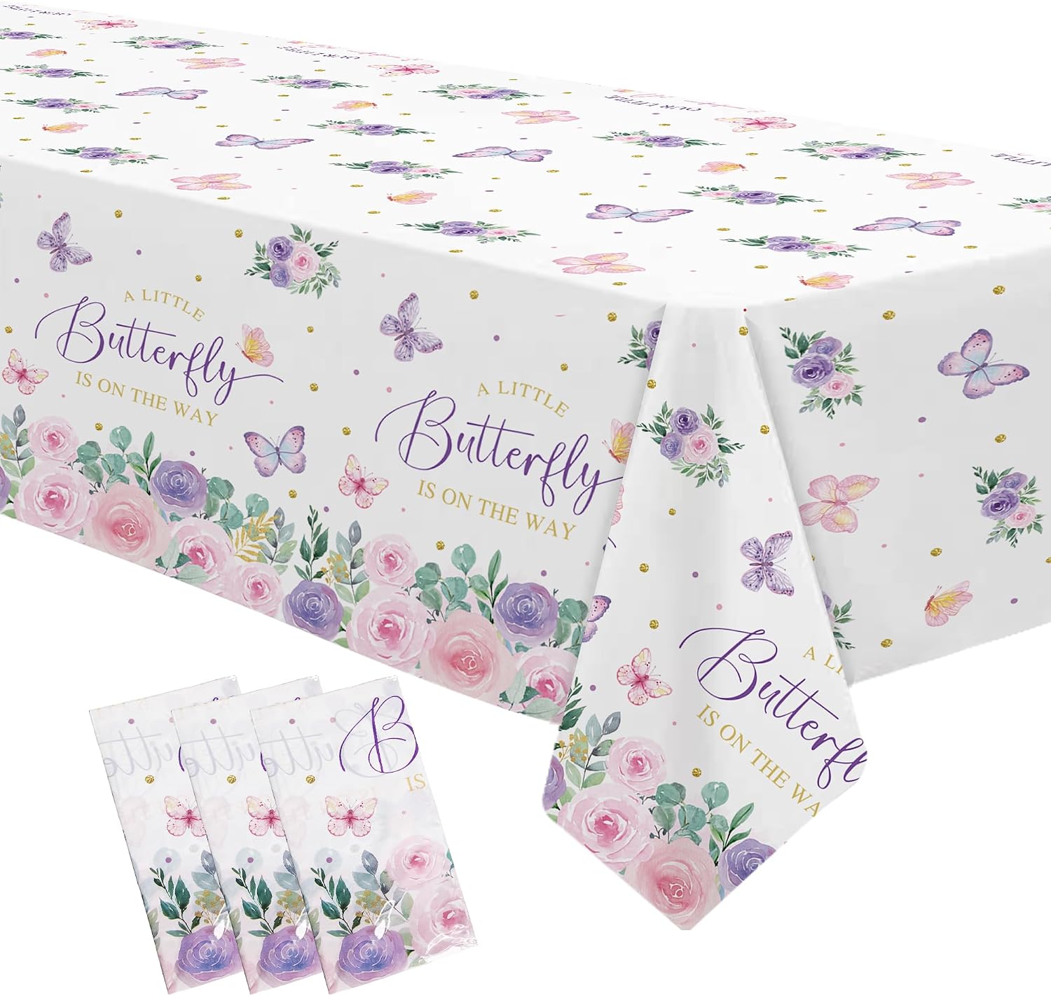 Butterfly Baby Shower Decorations Tablecloth, A Little Butterfly is On The Way Baby Girl Party Supplies Tablecover, Pink Floral Decorations Party Table Cloth, 3 Pack, 54in x 108in