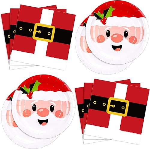 Whaline Juego de 90 piezas de suministros de fiesta de Navidad platos de papel con patrón de Papá Noel de 9 pulgadas y cinturones de Papá Noel de 65