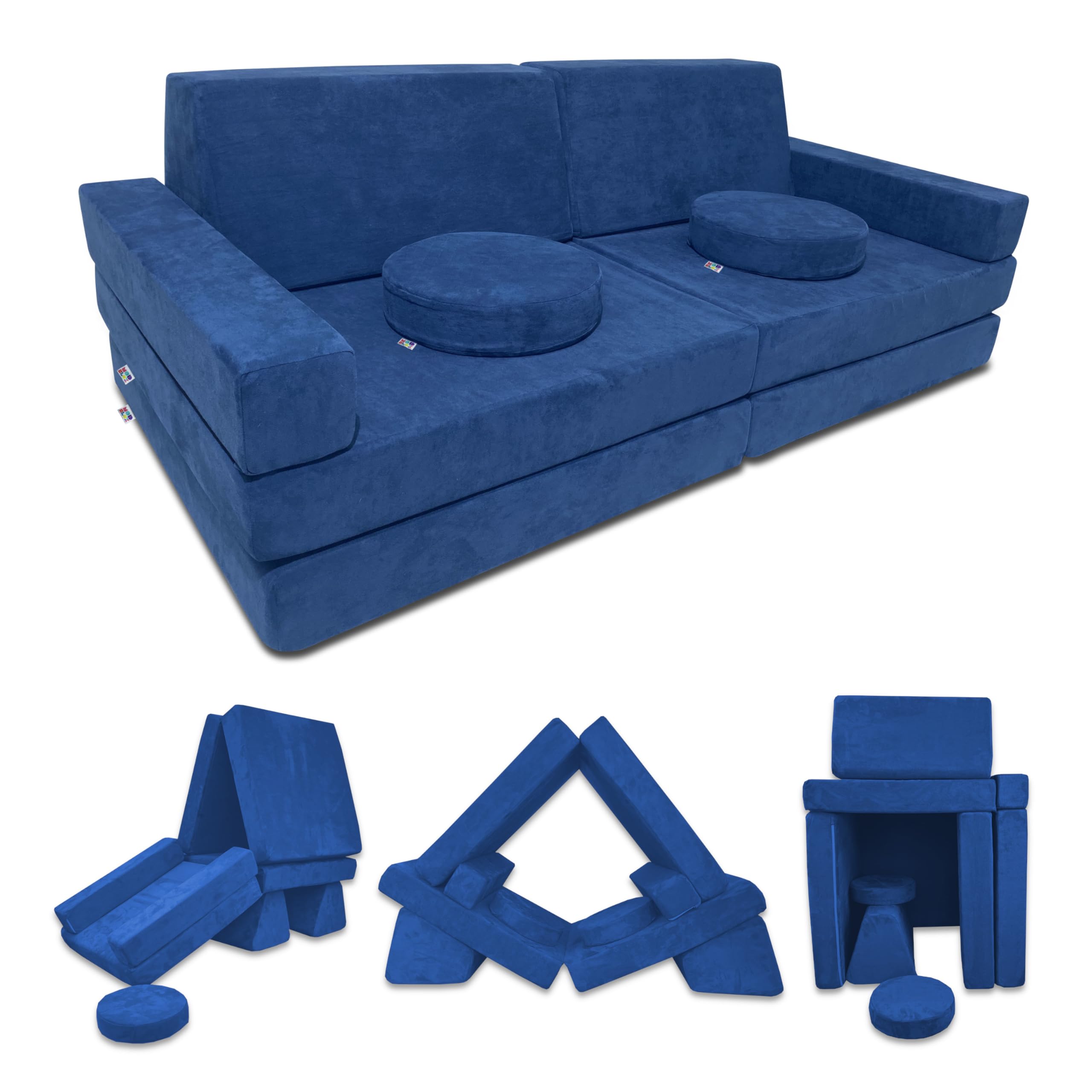 Mod Blox10 Piece Soft Modular Kids Play Couch for Boys and Girls|Child Sectional Fort Building Sofa for Toddlers Playroom with Microsuede Covers and High Density Convertible Foam Cushions (Navy Blue)