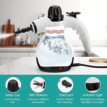 Handheld Steam Cleaner, Steamer for Cleaning, Multipurpose Portable Steam Cleaners for Home Use with Safety Lock and 10 Accessory Kit to Remove Grime, Grease, and More, Save Time and Effort