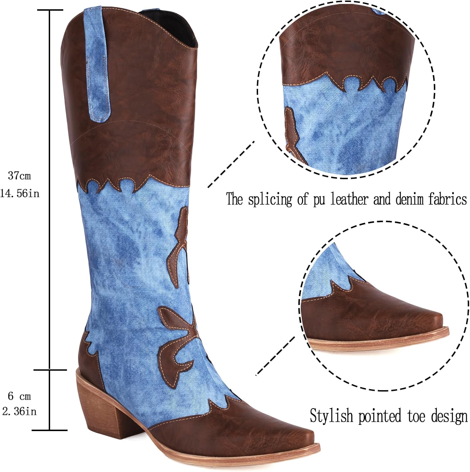 Cozivwaiy Women Denim Cowboy Boots Patchwork Knee High Boots Colorblock Western Cowgirl Mid Calf Jeans Shoes Pointed Toe Chunky Heel Pull On - Image 4