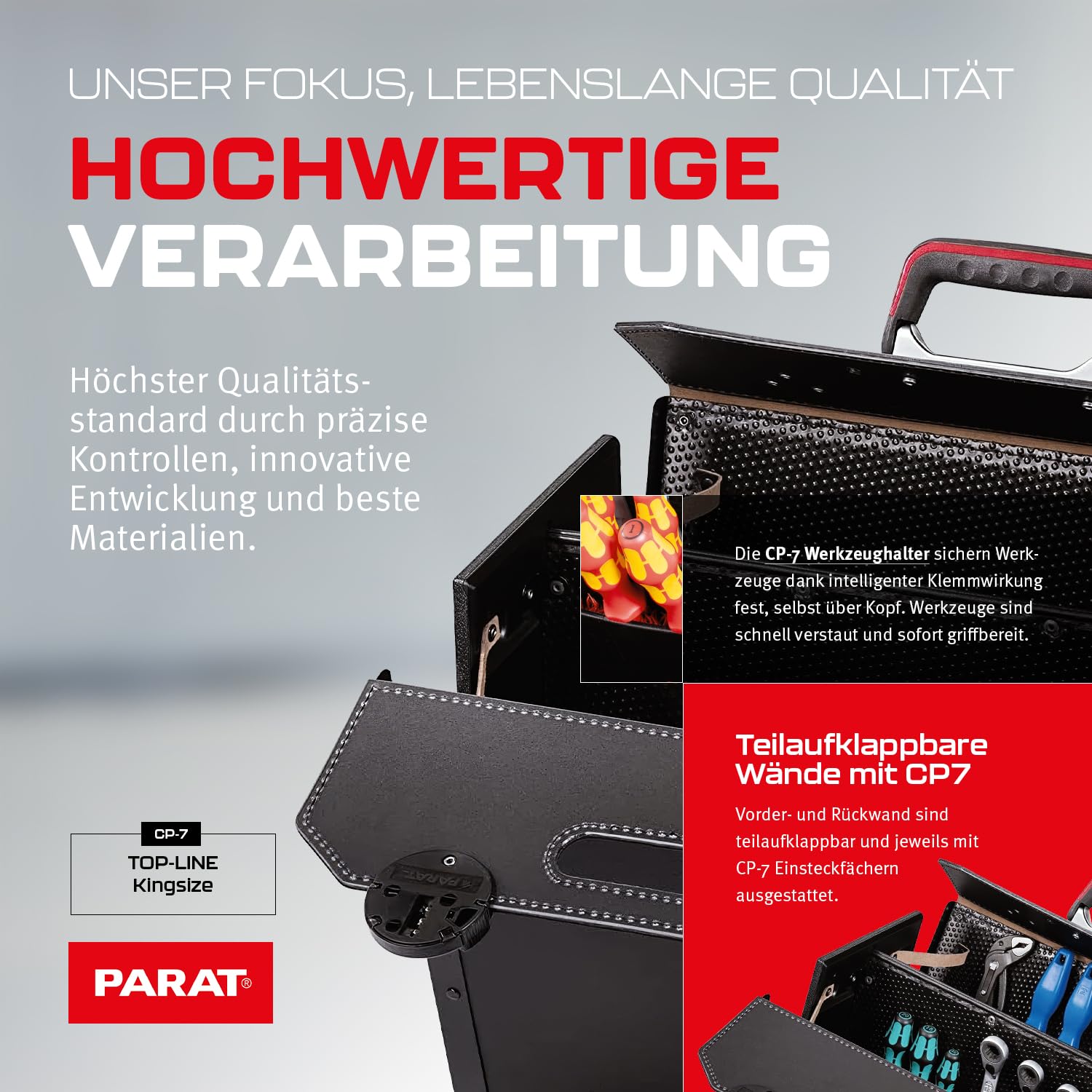 PARAT TOP-LINE KingSize CP-7 leere Werkzeugtasche 30 L | Große Ledertasche mit 4 CP-7 Haltern für bis zu 73 Werkzeuge | Profi Werkzeugtasche aus Leder & Con-Pearl® | Viel Stauraum