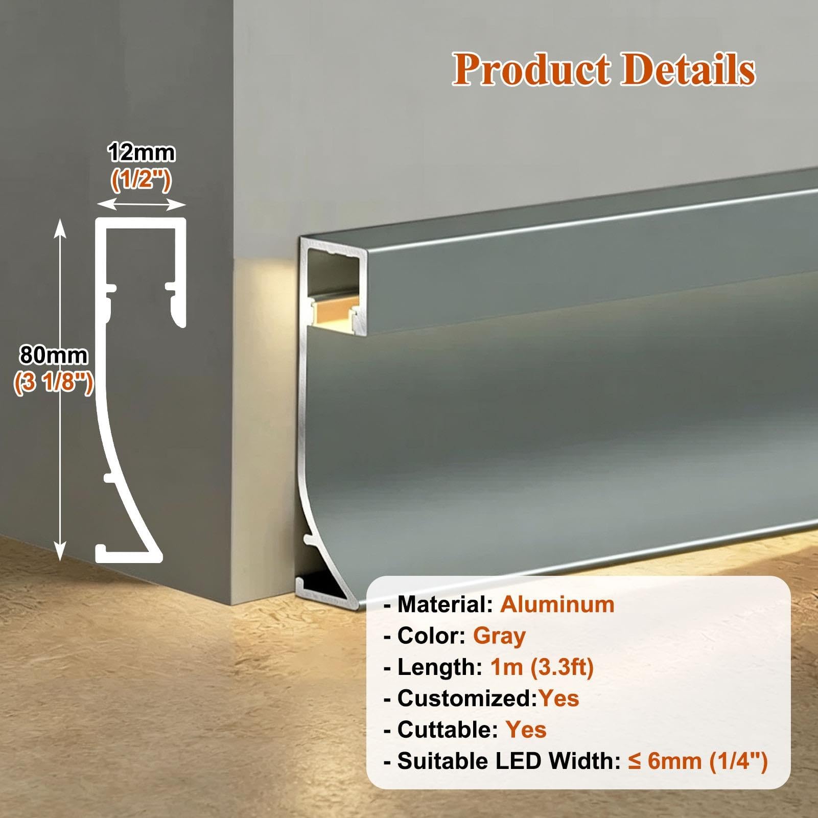 Veletta LED Doffitto Battiscopa Decorativo in Alluminio con LED | Profilo per Striscia LED a Parete o a Pavimento (battiscopa) per Camera da Letto, Bagno, Cucina e Corridoio(Gray,21m/68.9ft)