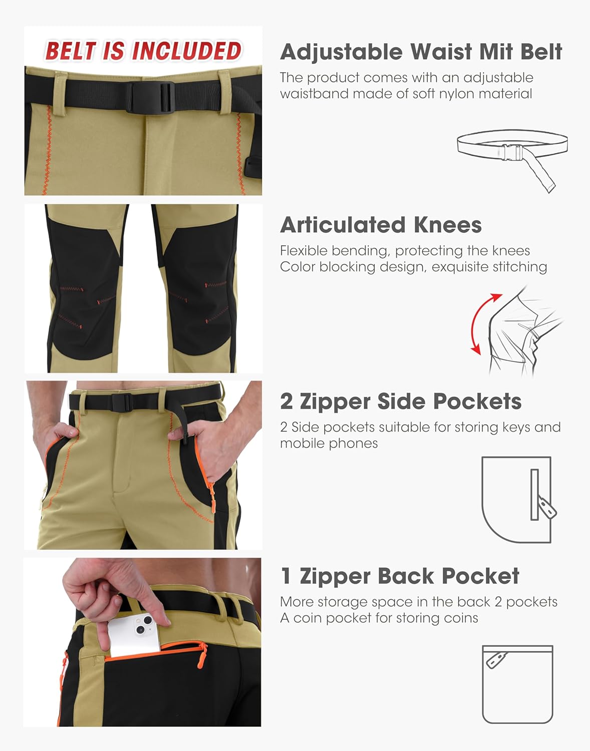 Mens Snow Ski Pants Fleece Lined Winter Hiking Waterproof Insulated Snowboard Outdoor Pant with Belt Pockets - Image 6