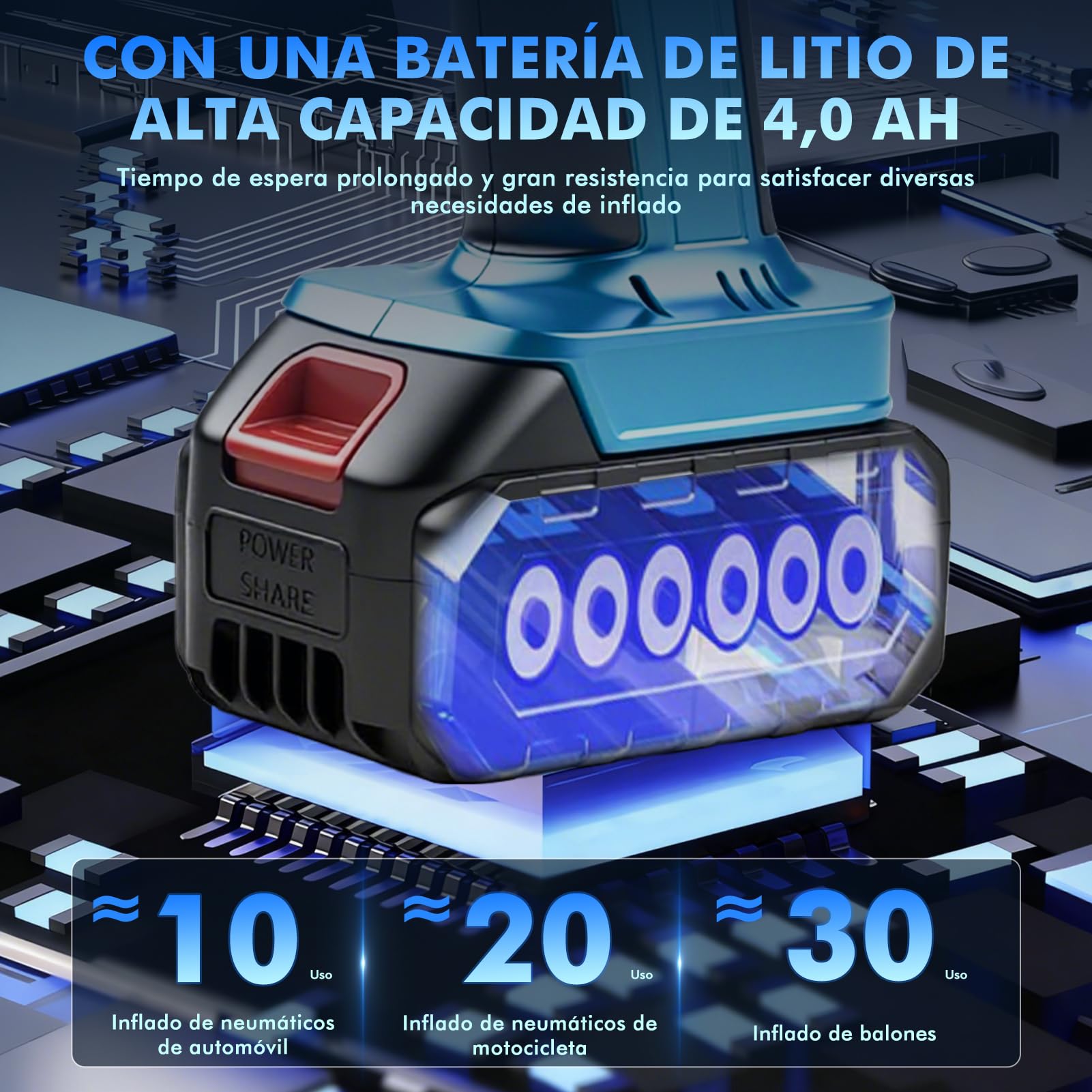 Compresor Aire Portatil Coche Bicicleta, 150PSI Inflador Ruedas Coche Bateria Recargable 4000mAh 21V, Inflador Neumáticos Electrico Bomba Inalámbrica Con LED Para Coche, Moto, Bicicleta, Pelota