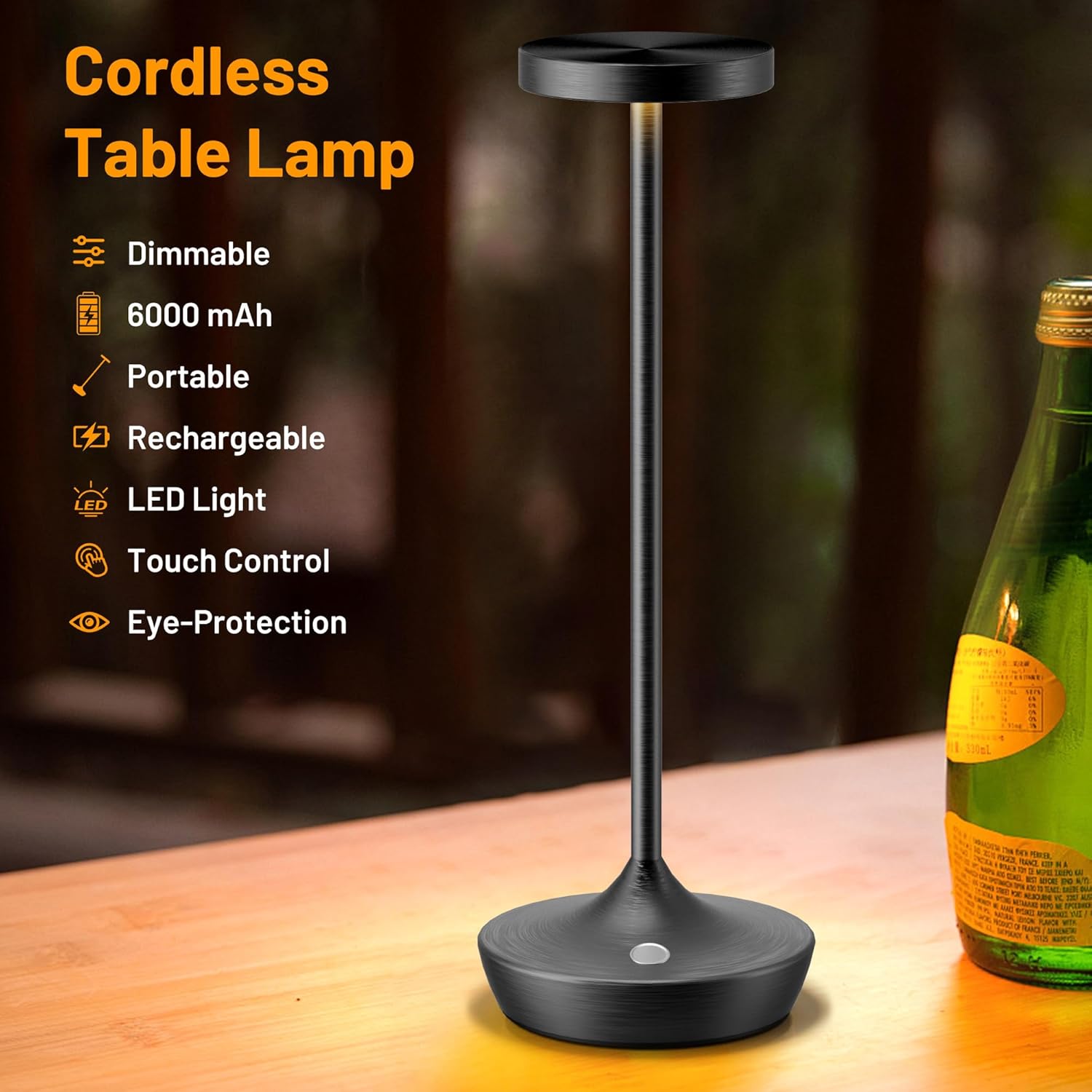 YHT Cordless Rechargeable Table Lamp - 6000mAh Outdoor LED Battery Operated Table Light - Portable Waterproof Dimmable Table Lamps for Restaurant Dining Bedroom Bars Home Patio(Black 2P)