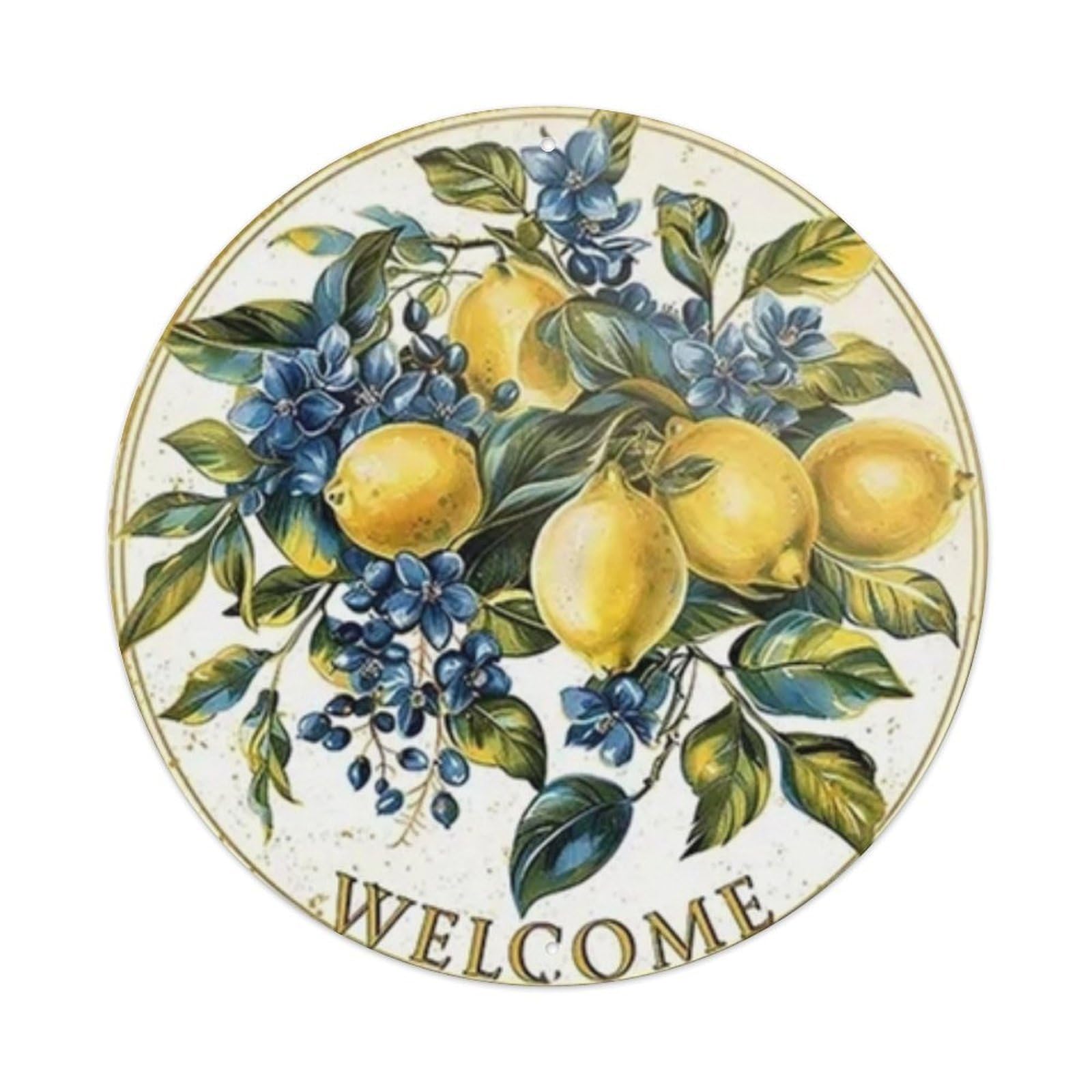 Gentinap Vintage Welcome Lemon & Floral Round Tin Sign Metal Sign Home Bar Garden Wall Decor Metal Poster 8X8 Inch