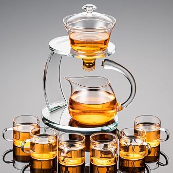 Glass Teapot Set With 6 Cups Semi Automatic Drip Rotating with Infuser Lazy Kungfu Tea pot Set Heat Resistant Tea Set Clear