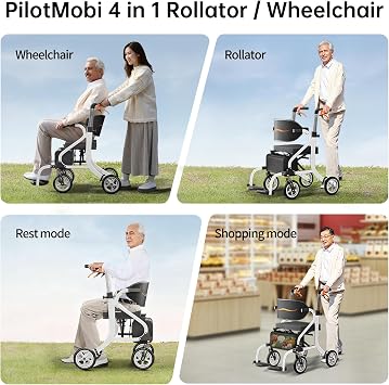 2 in 1 Walker Wheelchair Combo, Rollator Walker with Seat | 17 lbs Lightweight Transport Chair for Seniors, 8 All-Terrain Wheels, Pre-Assembled Compact Travel Mobility Chair