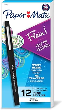 Paper Mate Flair Felt Tip Pens, Medium Point 0.7mm, Black, 12 Count - Teacher Supplies, Journaling, Note-Taking, Writing