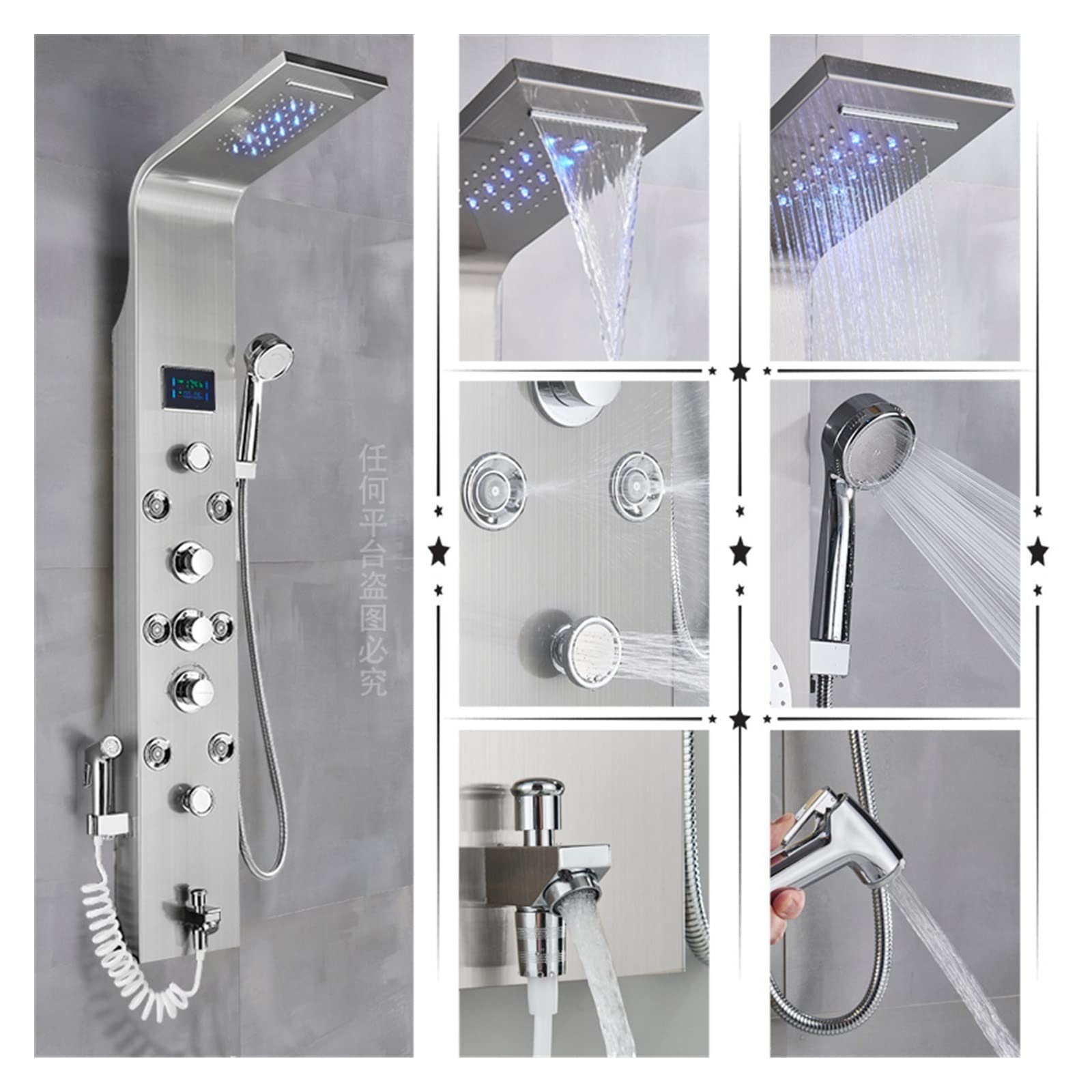 CVFRDD Luxury Black/Brushed Bathroom Shower Faucet LED Rainfall Shower Panel System Bathtub Mixer Tap Massage Spa Temperature Screen(Brushed Nickel A)