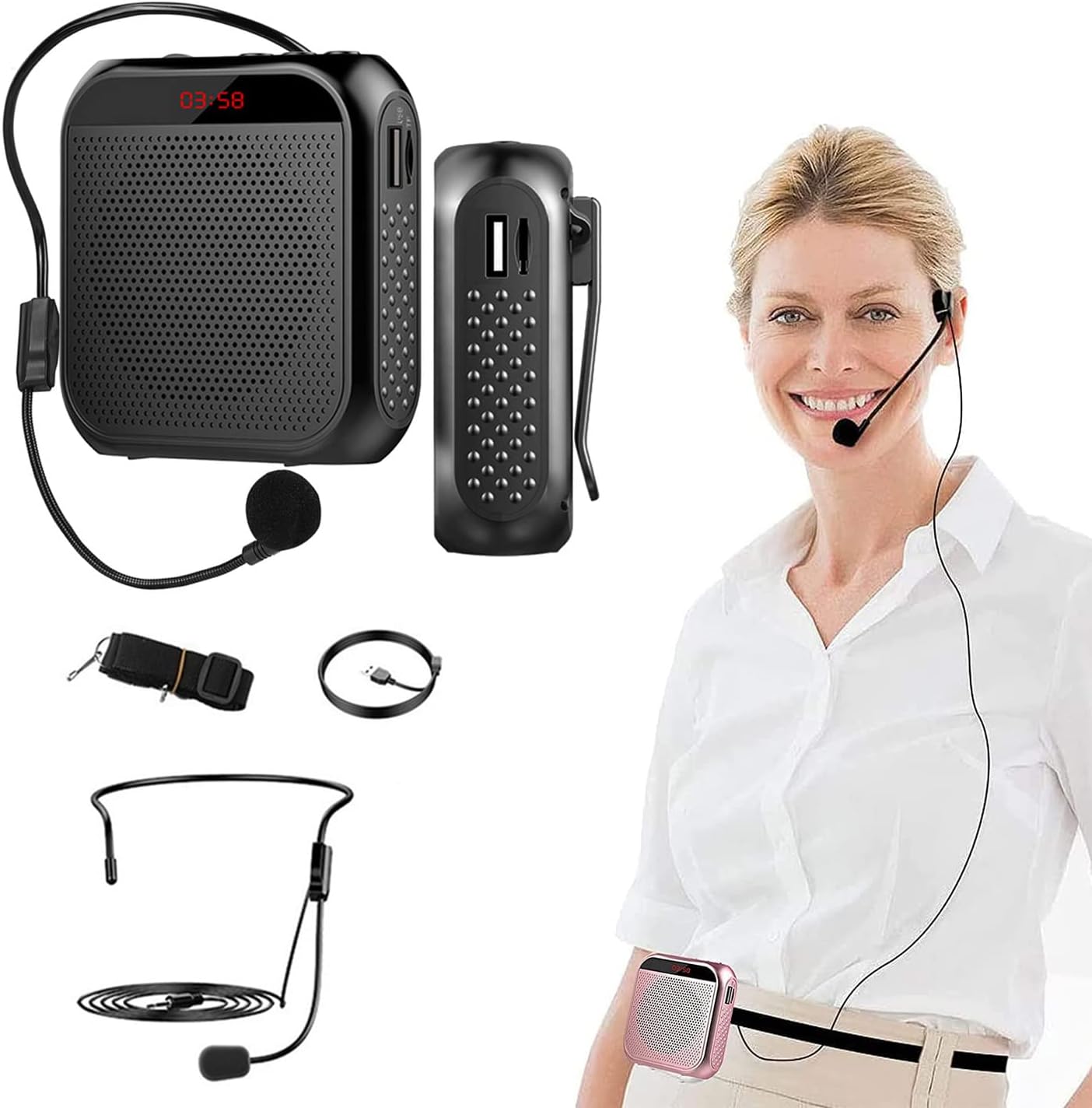 Voice Amplifier with Wired Microphone Headset, Portable Rechargeable PA System Speaker Personal Microphone Speech Amplifier, Loudspeaker for Teachers, Tour Guides/Coaches Metting/Yoga/Fitness (Black)