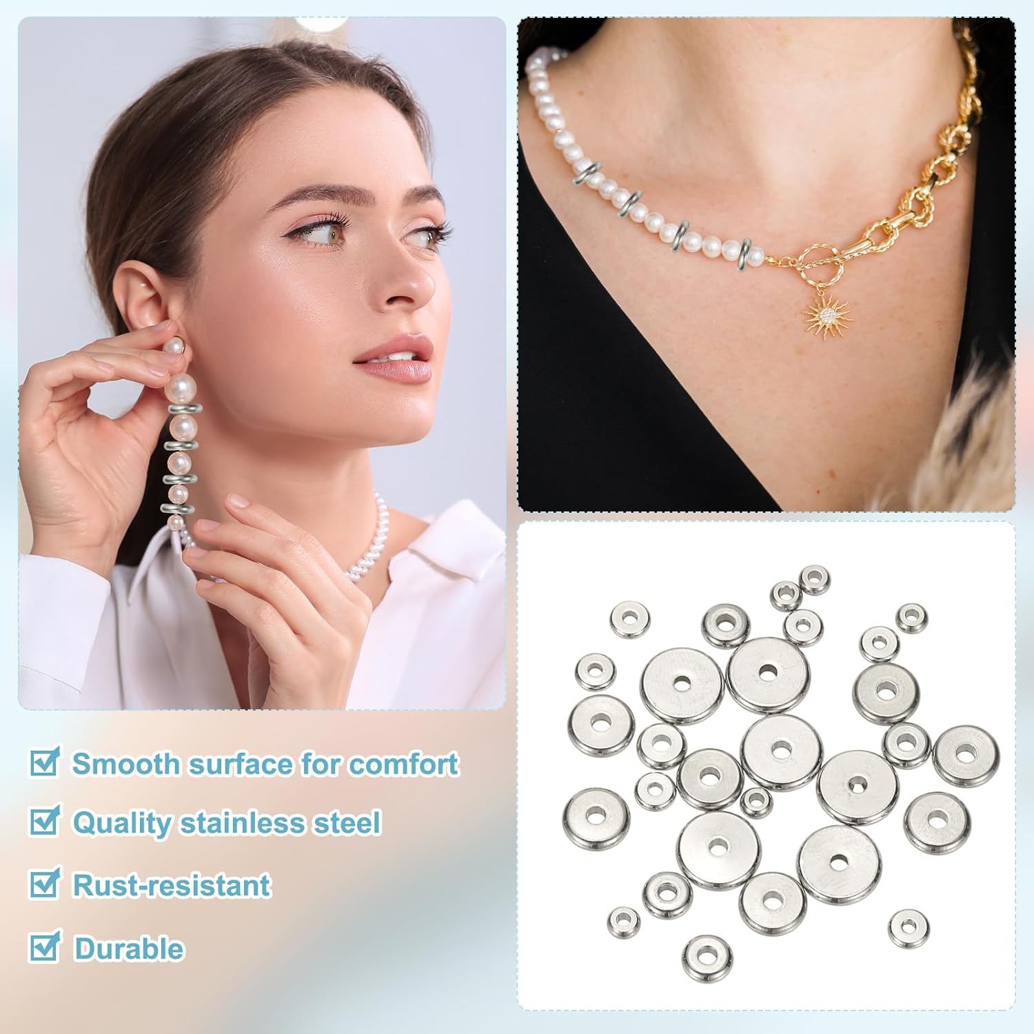 PATIKIL 4mm Spacer Beads, 25 Pcs Charm Spacer Beads Stainless Steel Loose Disc Flat Round Slider Stopper for Jewelry Making Bracelet Necklace Earrings Crafts DIY, Silver Tone - Image 3