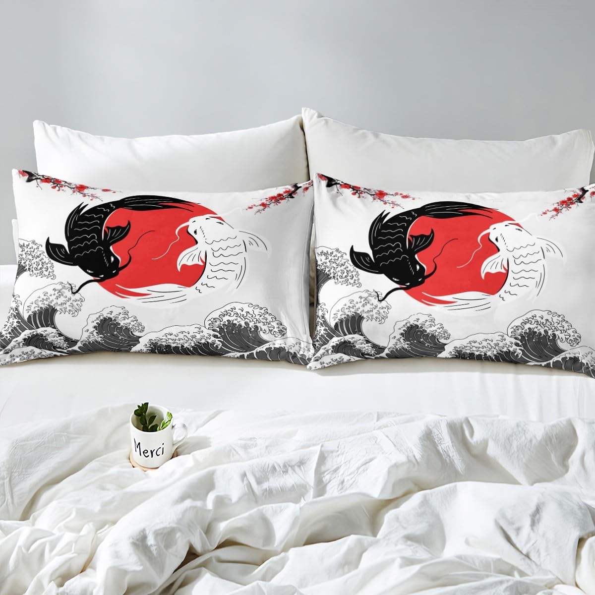 Erosebridal Japanese Ukiyo-E Style Fitted Sheet Queen Size, Koi Carp Fish Microfiber Bed Sheets for Kids Girls Boys, Sea Waves Ocean Bedroom Accessories for Bedroom, Cherry Blossom Trees Bed Cover