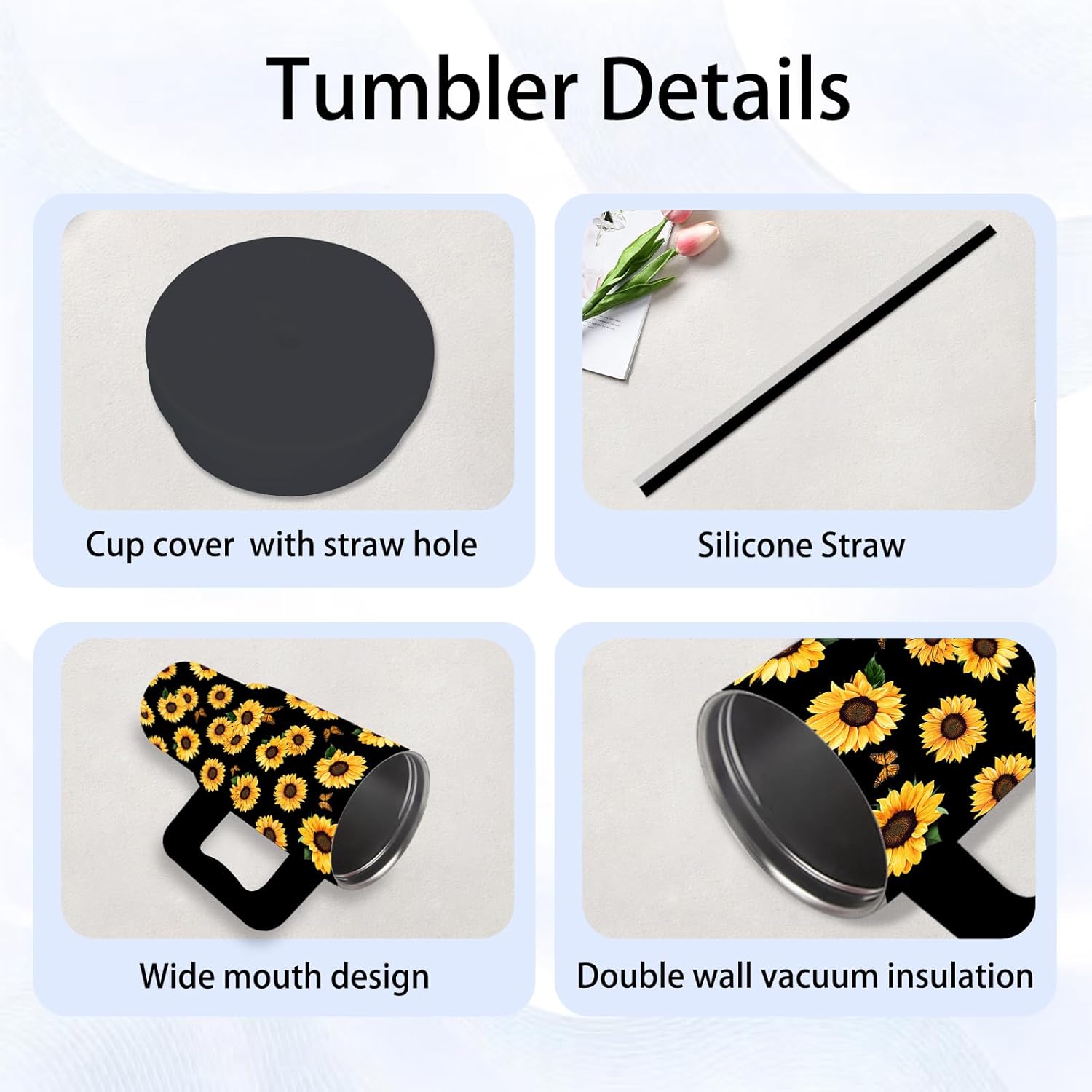 Sunflower Gifts - 24 oz Tumbler with Handle and Straw - Insulated Stainless Steel Cup, Leakproof, Sunflower Design Travel Mug for Women, Best Friends Birthday Gifts, BPA Free, Keeps Drinks Cold/Hot - Image 4