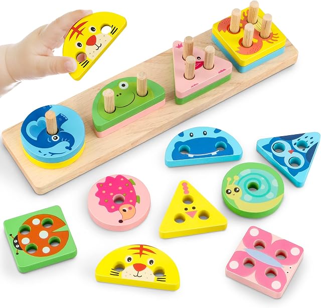 Montessori Toys for 1-3 Year Old Boys Girls,Wooden Sorting Stacking Toys for Toddlers,Preschool Educational Toys for 1-3 Year Old Color Recognition Shape Sorter,Learning Puzzles Gifts for 1-3 Year Old