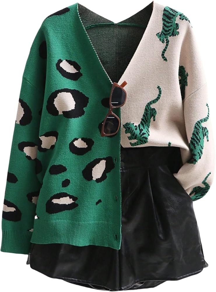 SHENHE Women's Color Block Button Down Animal Print Cardigan V
