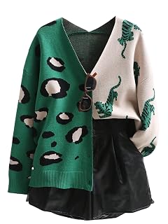 SHENHE Womens Color Block Button Down Animal Print Cardigan V Neck Leopard Sweater Coat