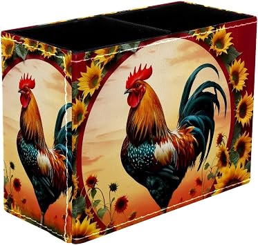 Pencil Holder for Desk, Sunflower Rooster Pen Holder Storage Desktop Pen Organizer Desk Pencil Organizer Makeup Brush Holder for Office School College