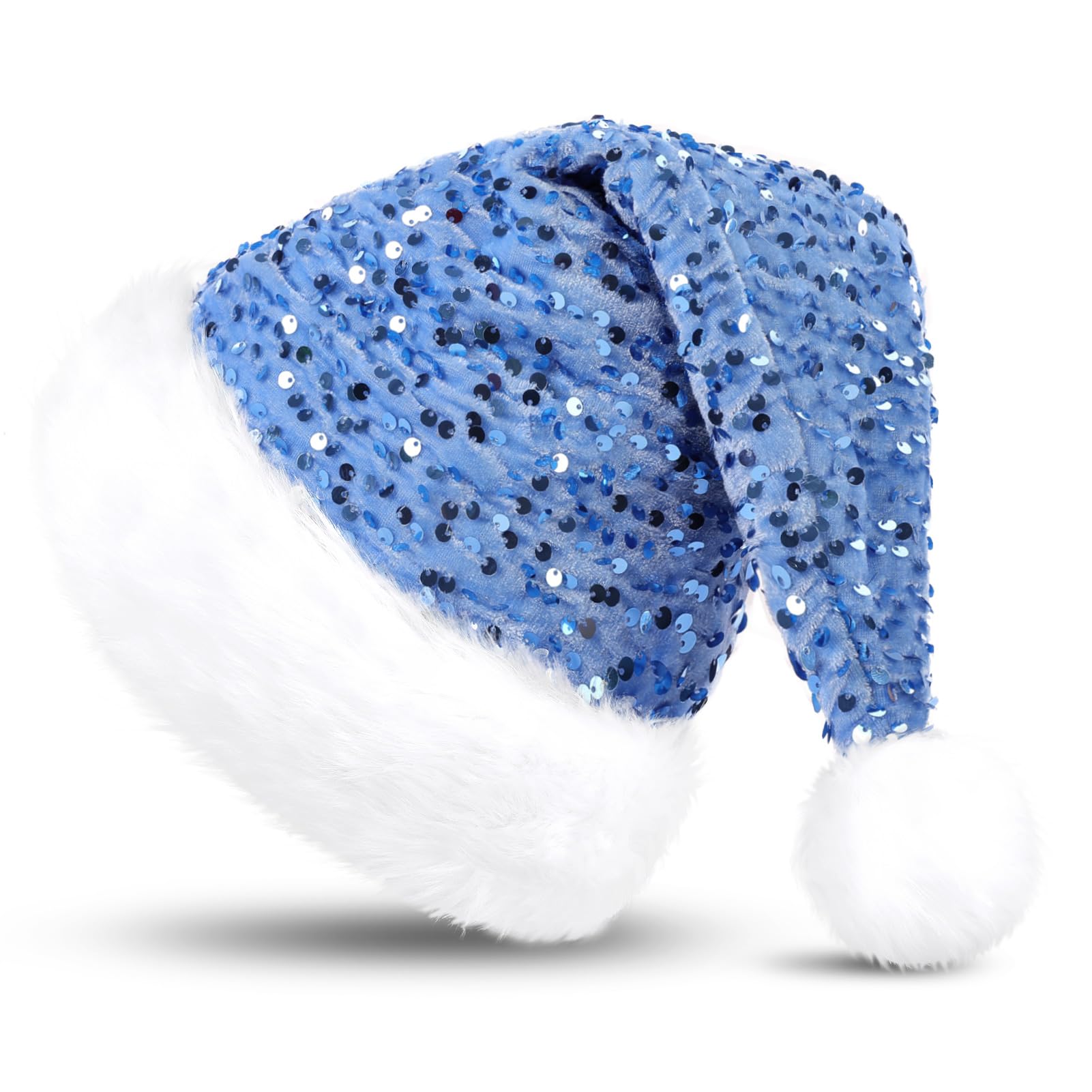 KONVINIT Sequin Christmas Hat for Adult,Blue Santa Hat uxury Plush Xmas Hat Glitter Santa Claus Hat Father Christmas Hat with a Pompom for Men and Women,blue