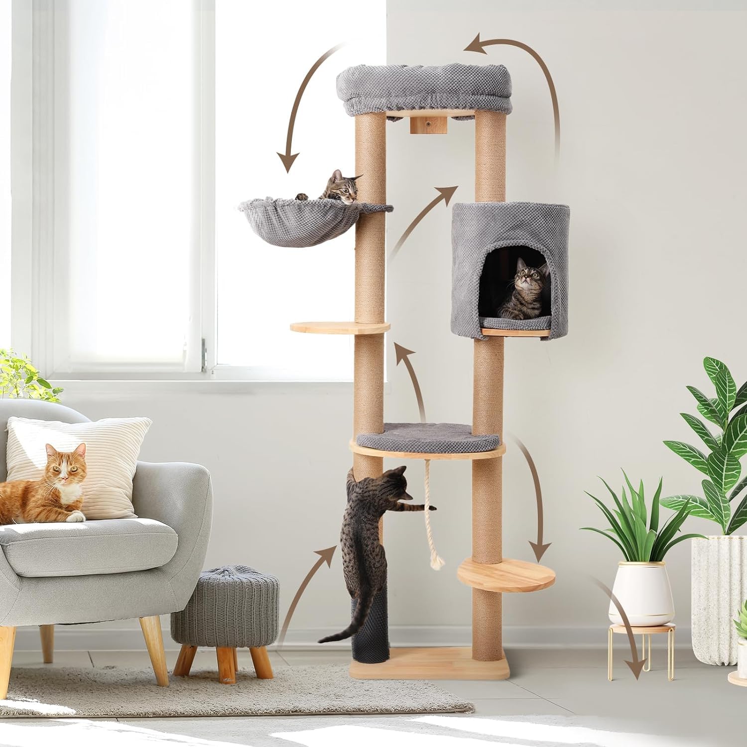 Tiragraffi per gatti, 50 x 40 x 135 cm, a più piani, con casetta per gatti, capsule e piattaforme multilivello per famiglie, negozi di animali