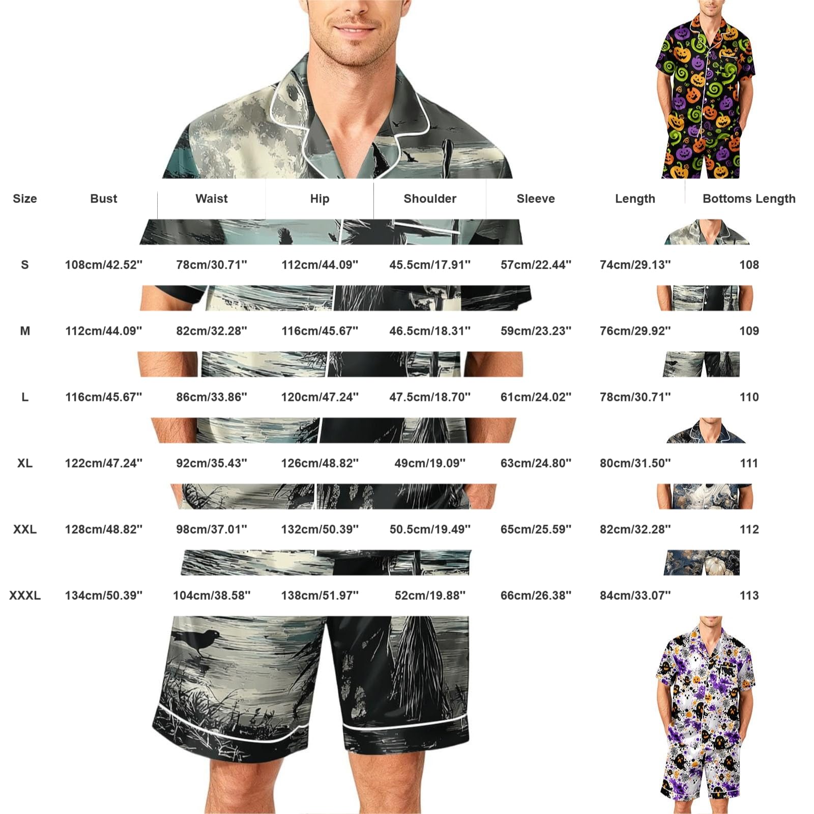 Generisch Pijama deportivo para hombre de manga corta con botones y pantalones cortos con estampado gótico, juego de ropa de dormir y ropa de dormir de 2 piezas para las vacaciones, pijama para hombre