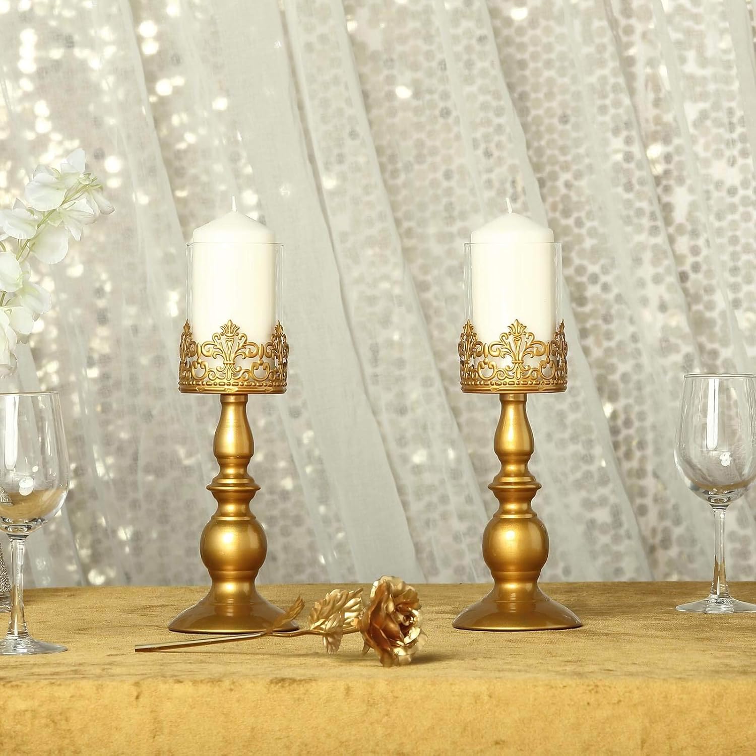 Wedding Venue Shop Glass Hurricane Candle Holder - 12" Lace Design with Glass Gold & Clear Pack of 2 : Everything Else