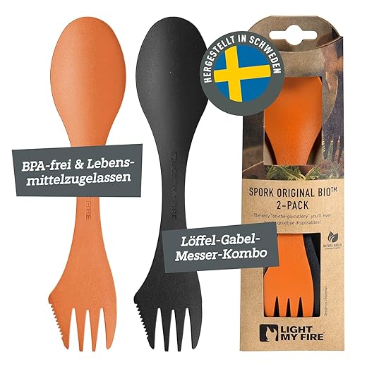 Light My Fire Spork Original Göffel 2-Pack - 3-in-1 Campingbesteck - Löffel, Gabel, Messer - Reisebesteck - BPA-Frei & Bio-Basierter Kunststoff - Ergonomisches Camping Besteck to go - Made in Sweden