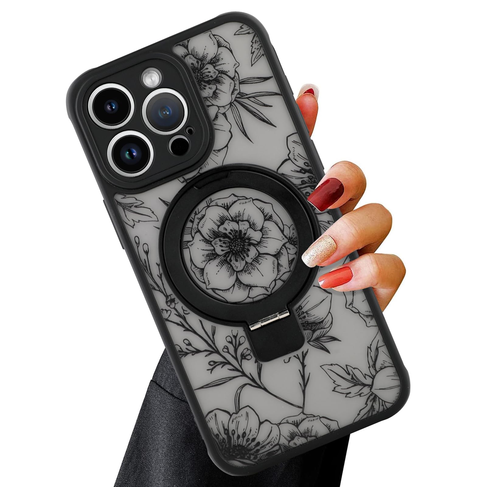 OOK Magnetic Ring Case for iPhone 15 Pro Max Case with 360° Kickstand Holder [Compatible with MagSafe] Slim Translucent Matte Full Camera Lens with a