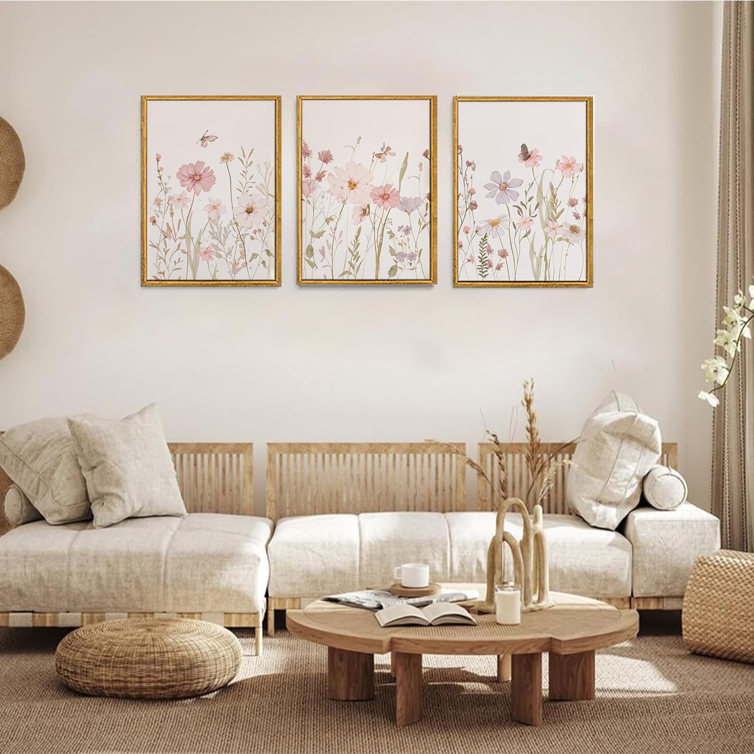 Wodkwq 3 Piece Framed Wall Art Wildflower Wall Decor Botanical Canvas Art Floral Pictures Watercolor Paintings Pink Artwork Prints for Nursery Bedroom Living Room