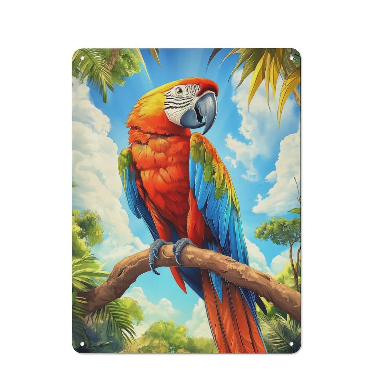 Scarlet Macaw on Branch Retro-style Tin Wall Plaque 40x30cm for Living Room Wall, A Metal Wall Feature for Living Rooms And Feature Walls