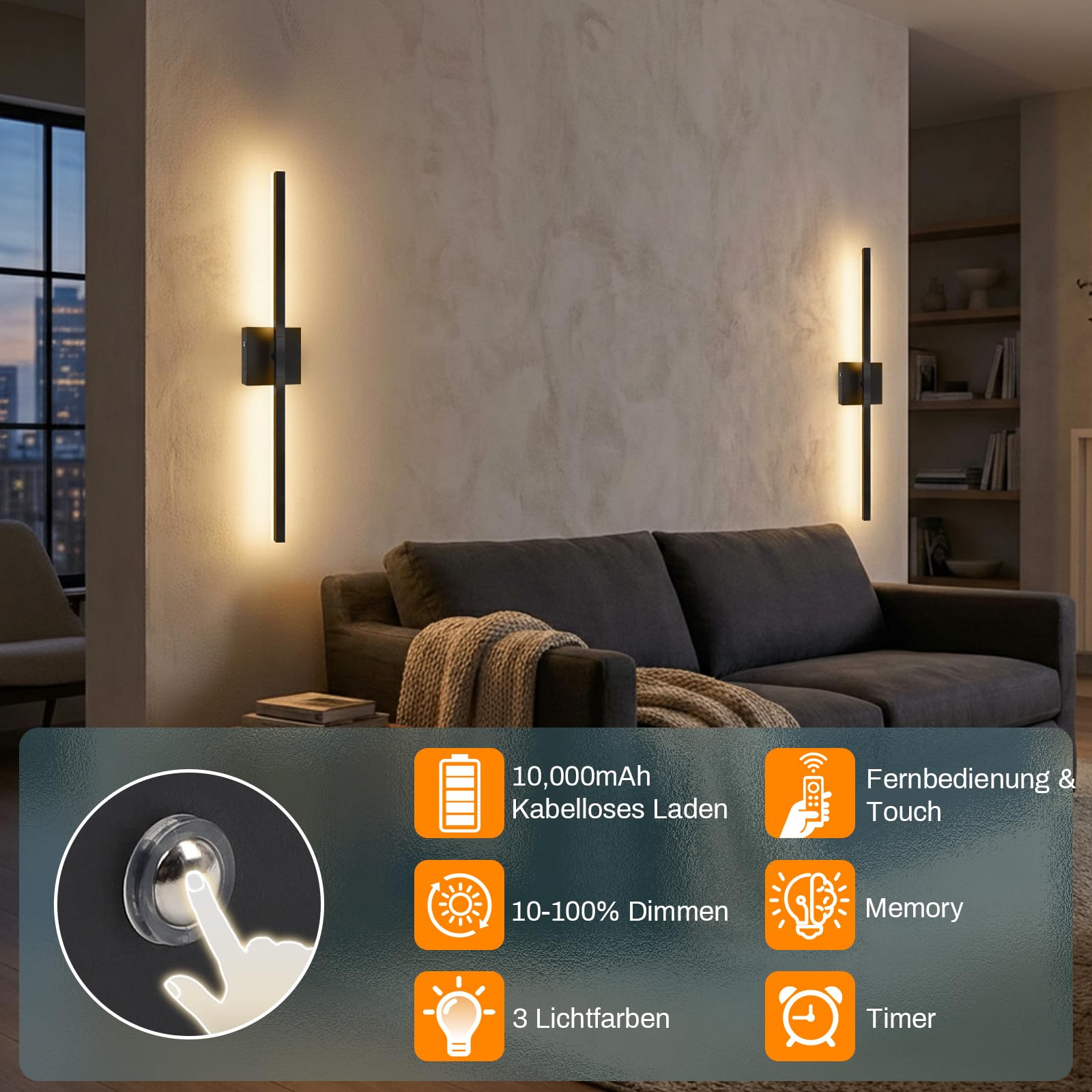 Akku Wandleuchte Innen Schwarz 10000mAh,80cm Wiederaufladbar Wandlampe,3 Farbtemperaturen Dimmbar,Moderne Kabellose Leuchte mit Fernbedienung,360°Drehbar & Timer für Schlafzimmer & Wohnzimmer