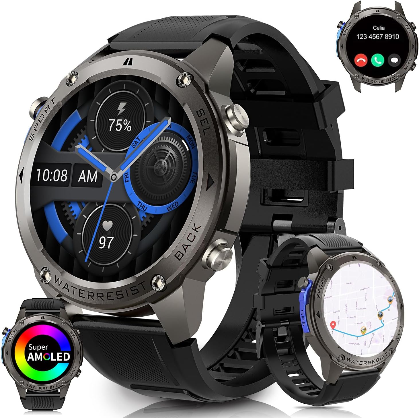 1.43” AMOLED Display GPS Smartwatch, 50M Waterproof, Compass, Altitude, Fitness Tracker Long Standby Android & iOS Compatible Smart Watch Bluetooth Call & Receive Text Sports Watch Men (Black)
