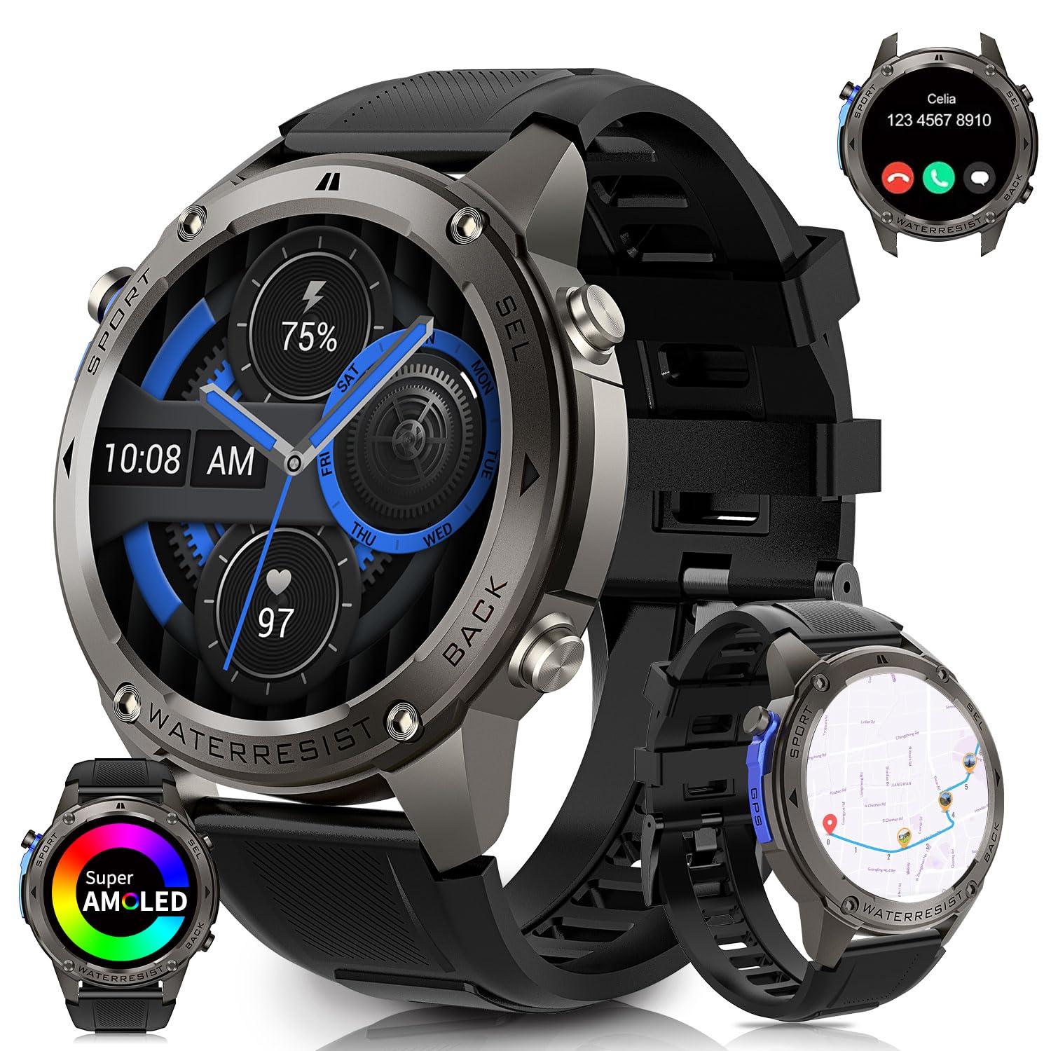 AIEK Reloj Inteligente AIEK con GPS, Smartwatch de natación, contestar/Hacer Llamadas, Resistente al Agua 5ATM Fitness Tracker frecuencia cardíaca 1.43'' Pantalla AMOLED (Negro)