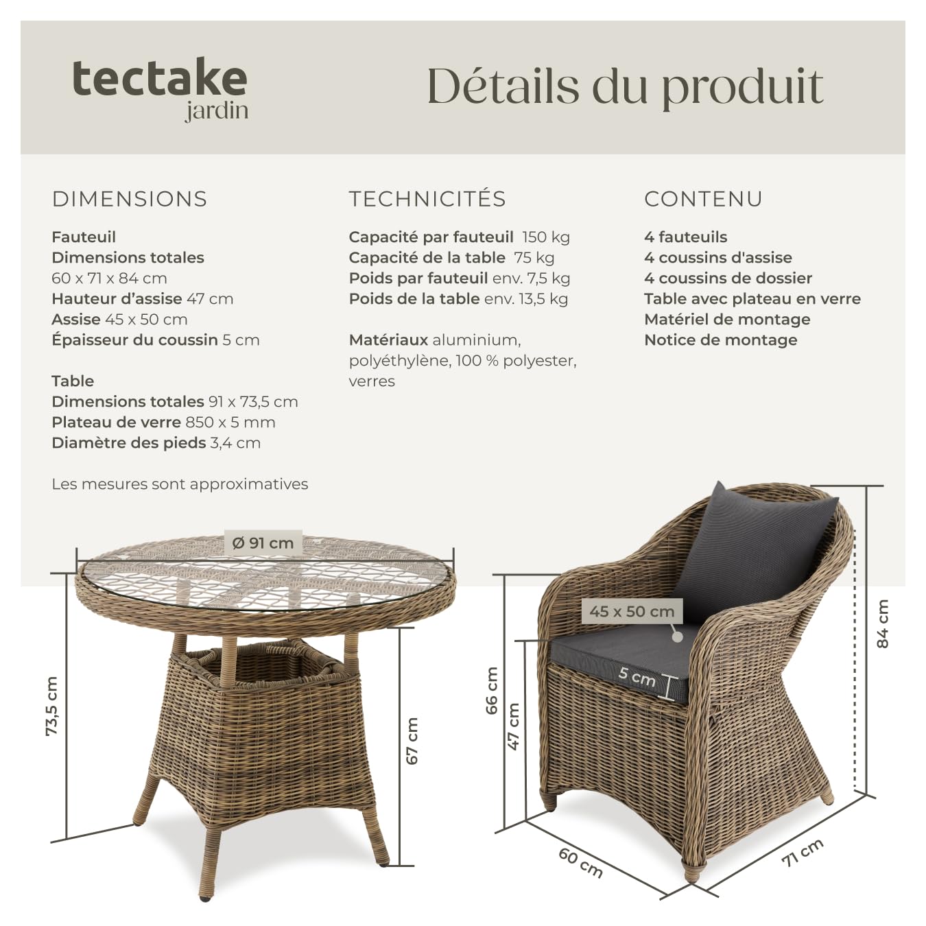tectake® Ensemble de Salon de Jardin Exterieur 4 Places en Résine tressée & Aluminium, Table de Jardin, 4 Fauteuil en rotin, 8 Coussins imperméables Inclus, Mobilier de Jardin pour Amenagement Balcon