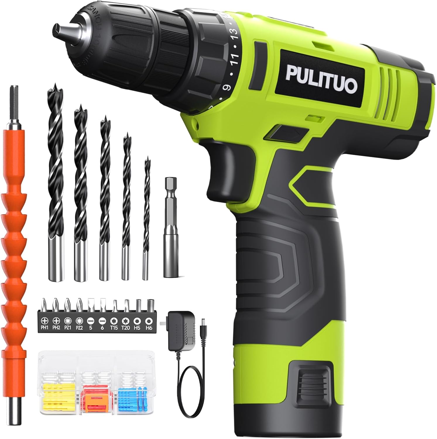 PULITUO 12V Green Cordless Drill Set - Power Drill Kit with Battery