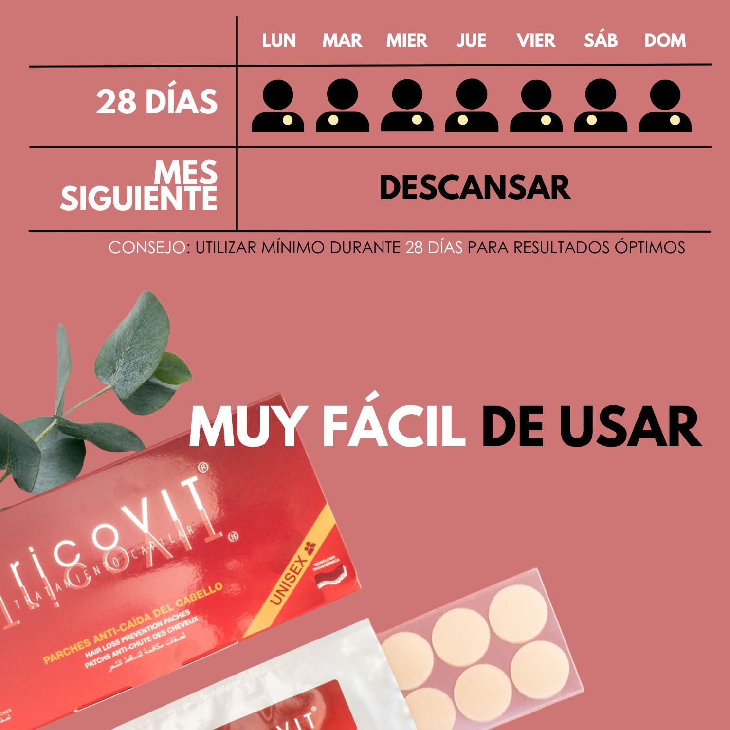 TricoVIT | Parches Anticaída Cabello Mujer, Frena la Caída en 28 días - Ingredientes Vegetales, Aumenta la Densidad y la Fuerza de tu Cabello, Apto para Hombre y Mujer (28 Parches)