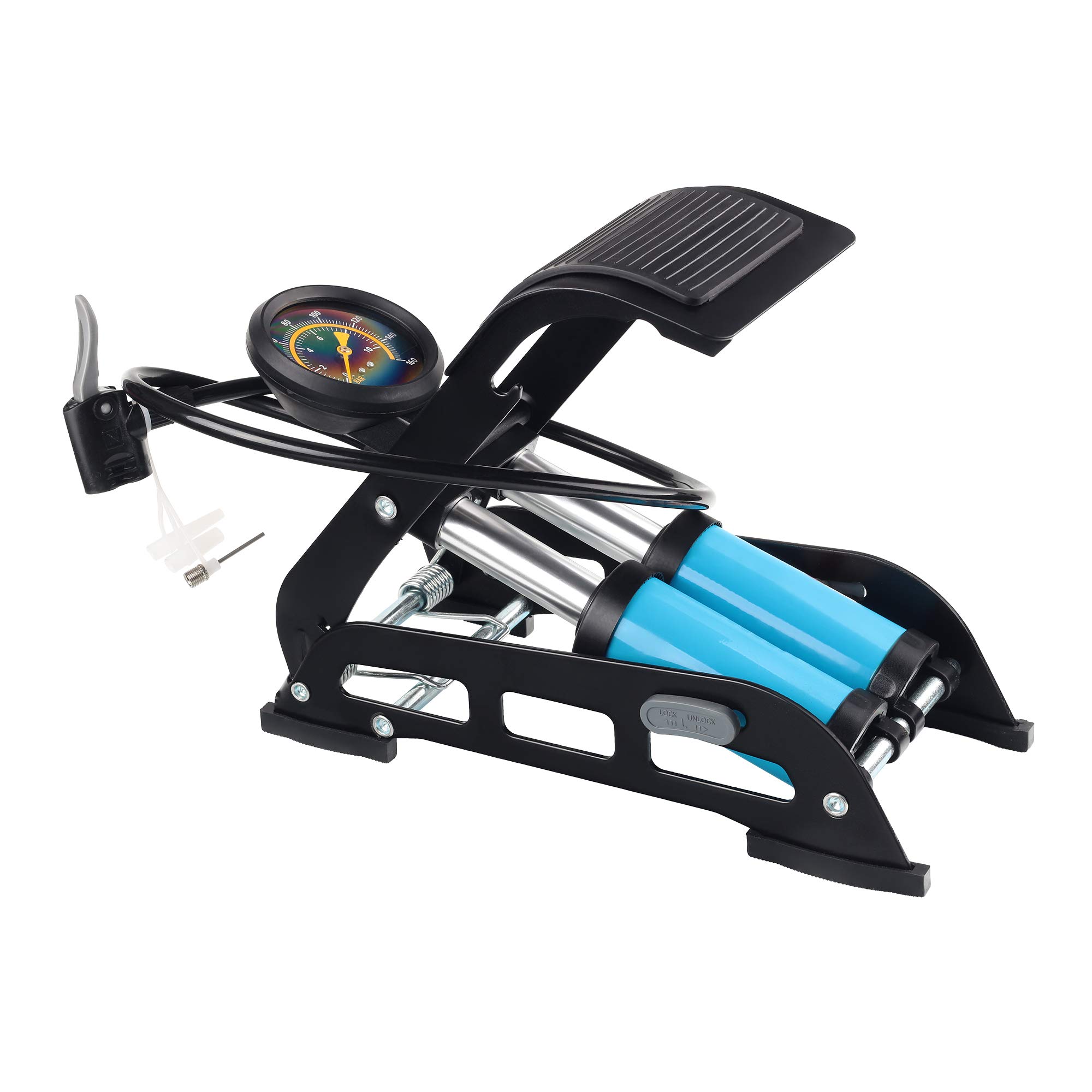 aiGearFoot Pump Inflator Super Durable Double Cylinder with High Pressure 160 PSI Accurate Gauge Aluminum Body Smart Valve Head for Sport Balls Bicycle Tire Kayakins Pumping(FP001)