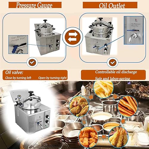 Miniatura 4 de Macheine de pollo frito de alta presión de 110V 16L, freidora de presión de acero inoxidable con control de temperatura de 2400W, freidora eléctrica