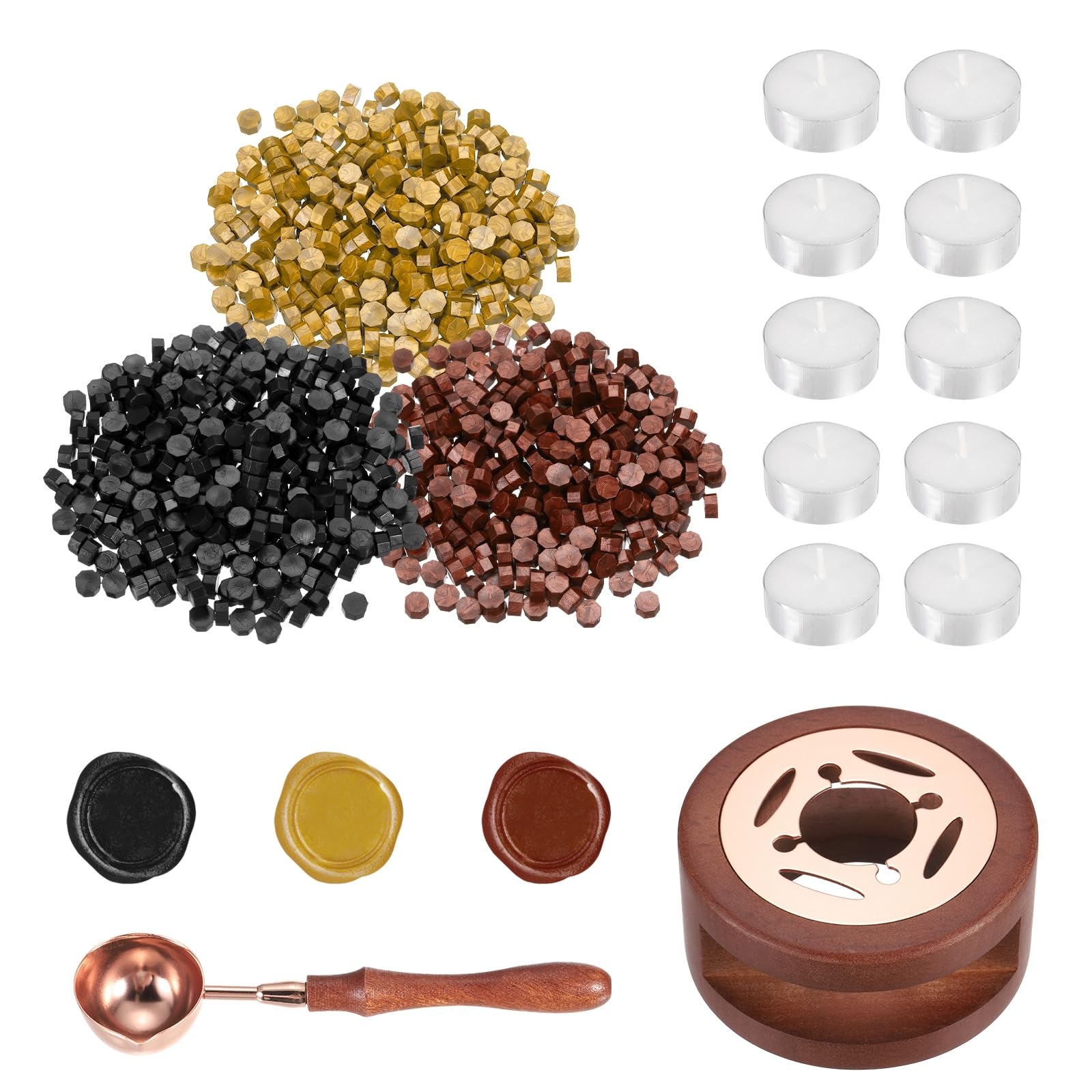 PATIKIL Wax Seal Kit, 300 Pcs Wax Sealing Beads, Wooden Warmer, Melted Spoon, 10 Pcs Tealight Candles for Envelope Letter Mailing Crafts DIY, Black/Gold/Red Gold